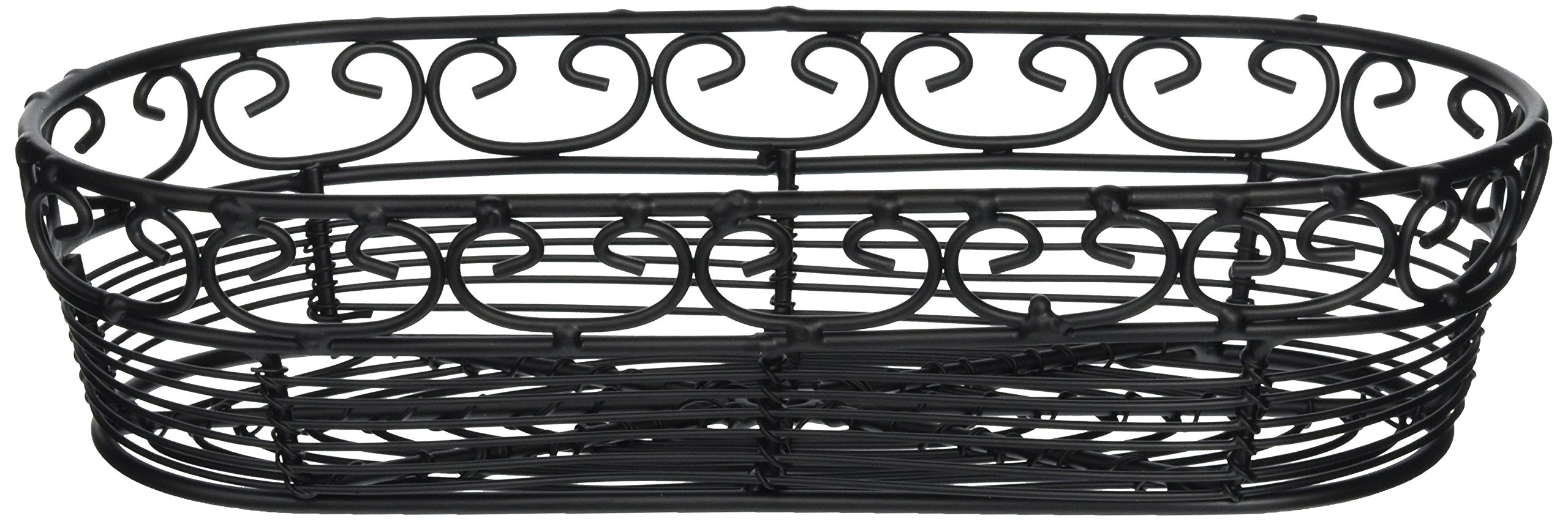 TableCraft BK21709 Oblong Basket, 9 x 4 x 2, Black Metal with HeartShaped Loops, Ideal for Serving Bread, Fruits, and Condim