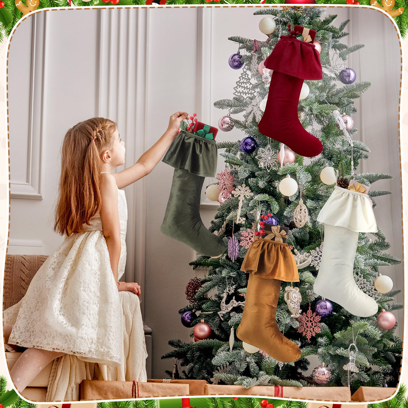 Kinlop 4 Pack 18 Inch Neutral Christmas Velvet Stocking Ruffled Design Large Christmas Stockings with Hanging Loops for Fireplac