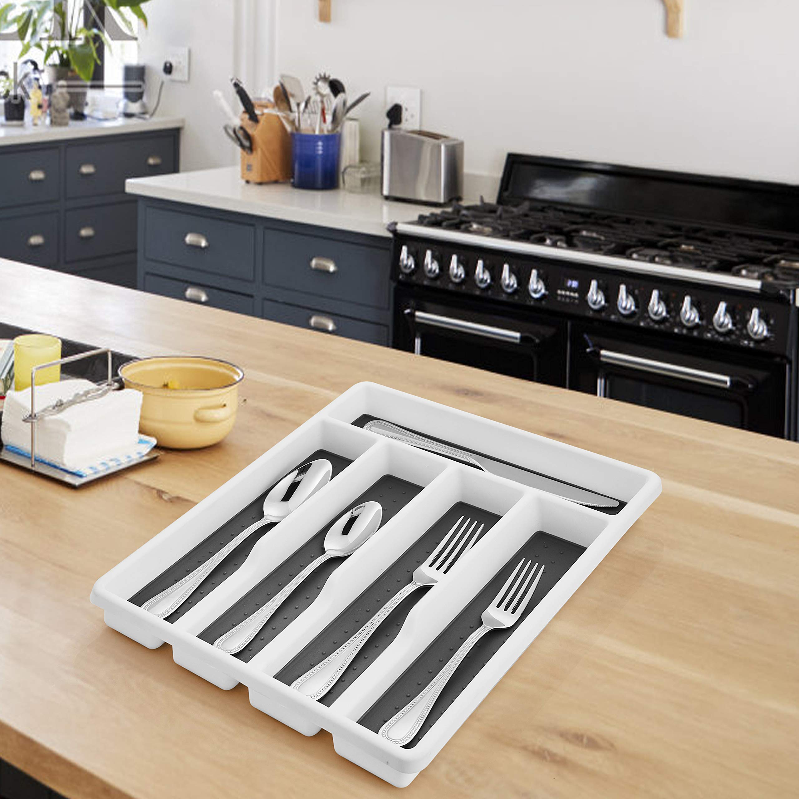 Haware Silverware Tray For Drawer With Five Sections, Flatware Organizer/Cutlery Holder With Soft Grip Lining And Non-Slip Rubbe