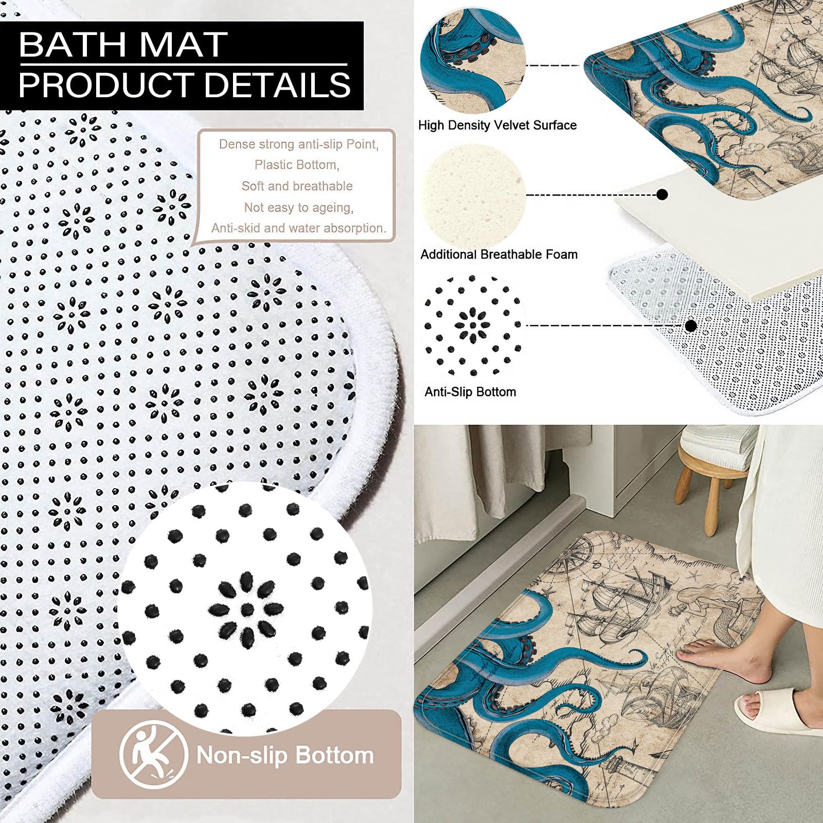 Fungarth 4 Pcs Vintage Nautical Octopus Shower Curtain Set With Rug Retro Coastal Bathroom Sets With Waterproof Shower Curtain A