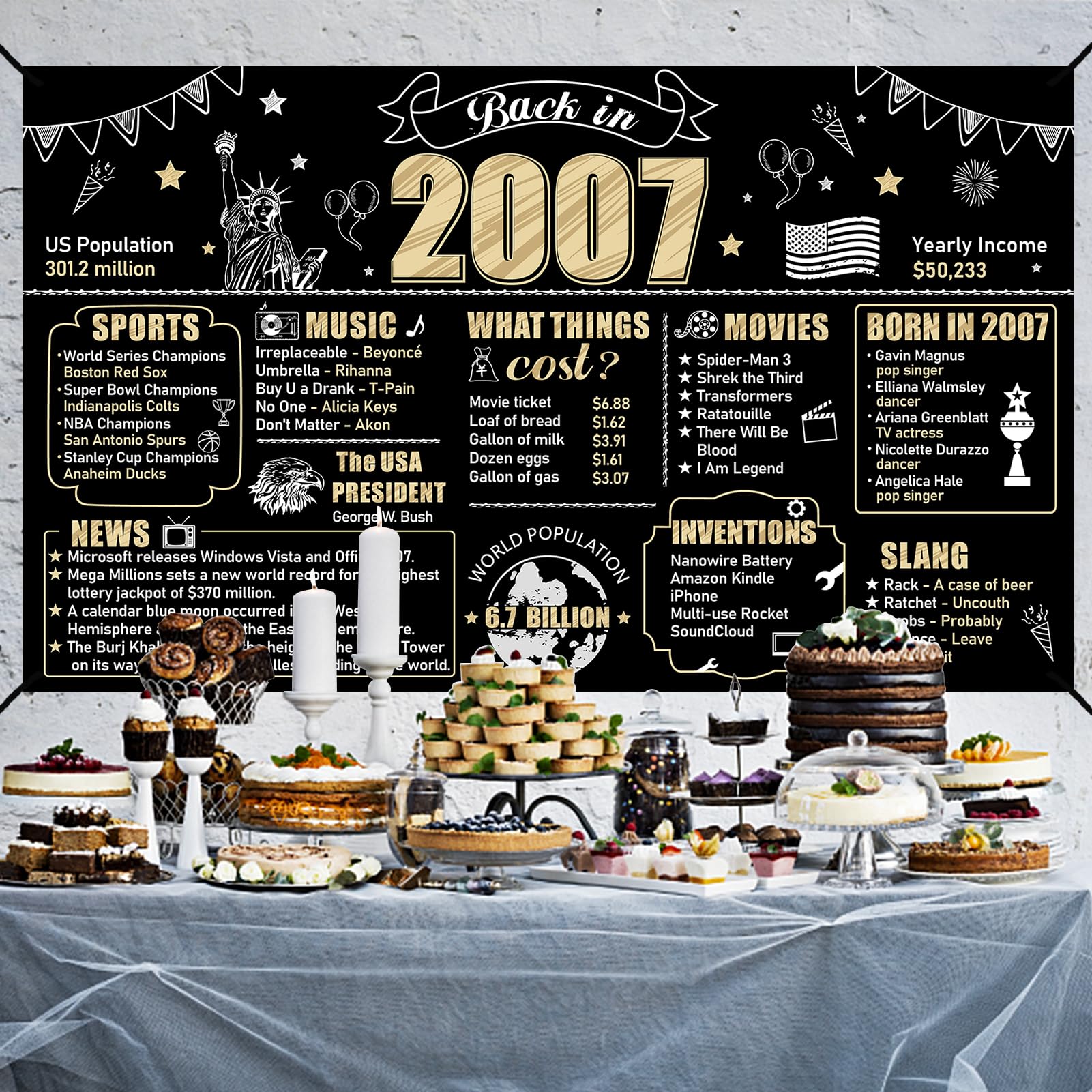 Large 18th Birthday Back in 2007 Banner Backdrop Decorations for Boys Girls, Black Gold 18 Birthday Poster Sign Party Supplies,