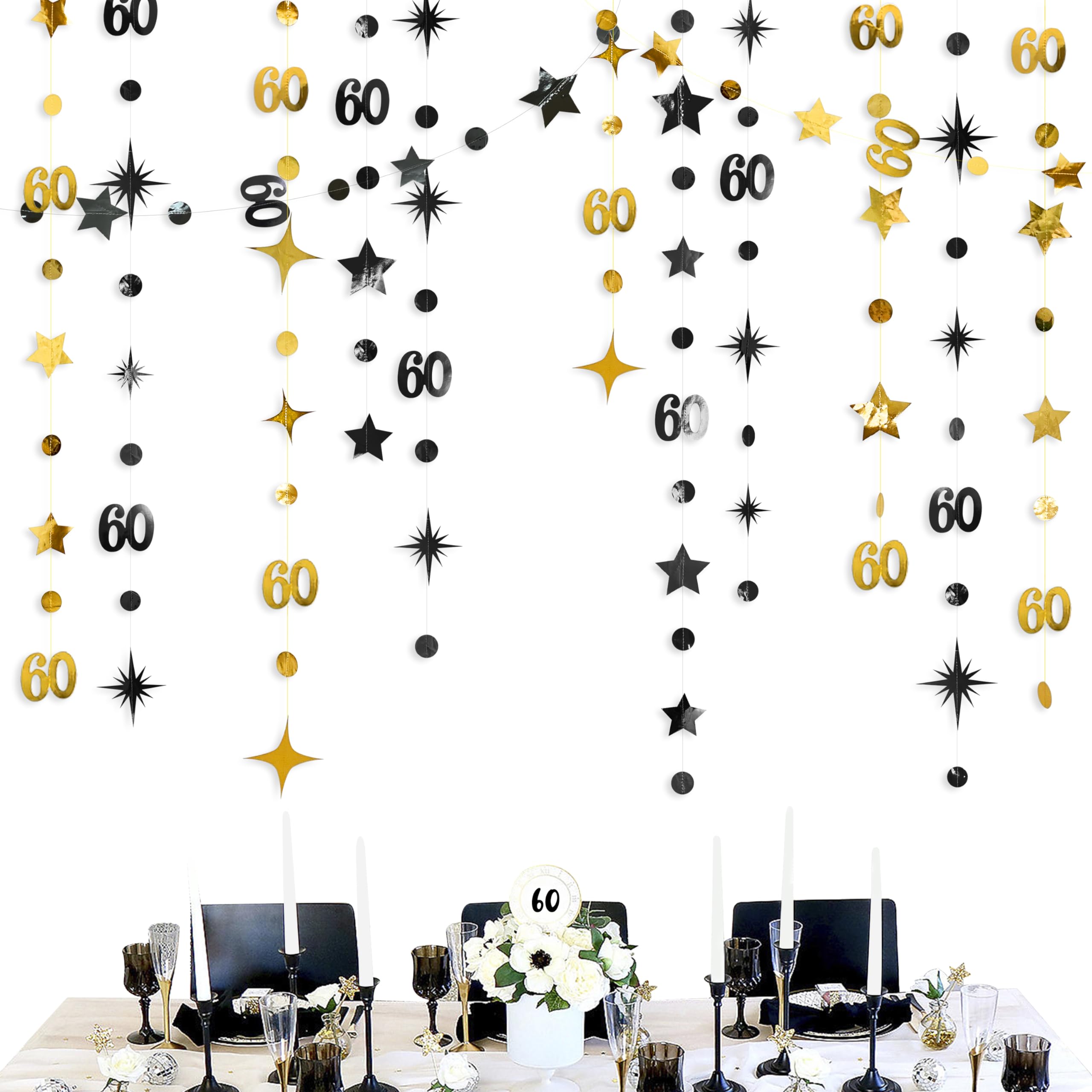 Black Gold 60Th Birthday Decorations Number 60 Circle Dot Twinkle Star Garland Metallic Streamer Bunting Banner Backdrop For Men