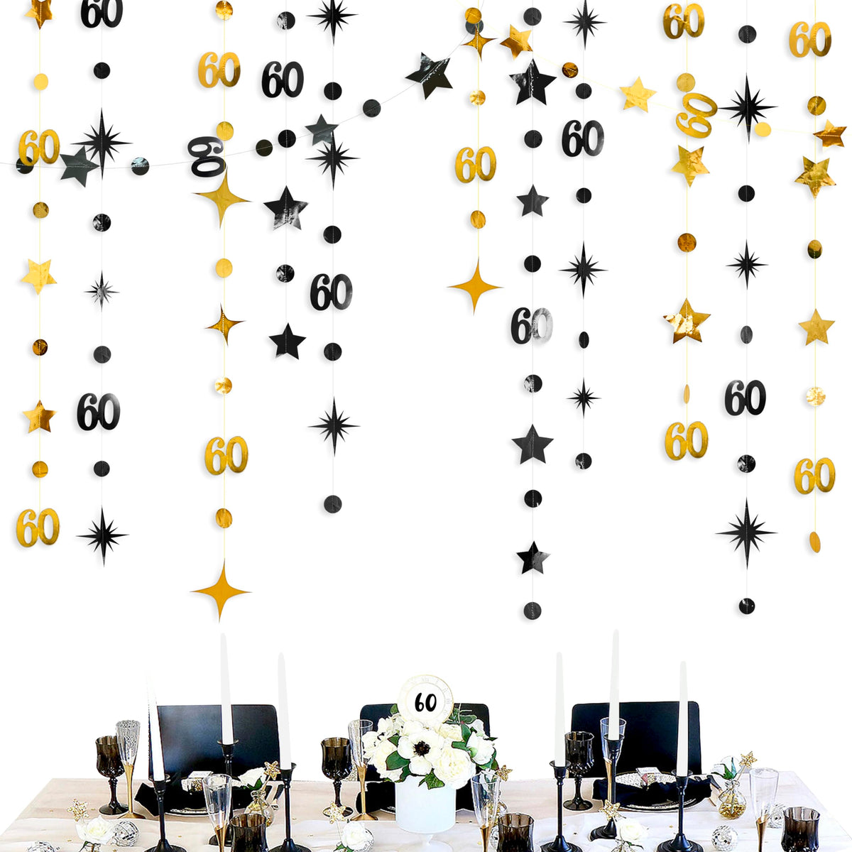 Black Gold 60Th Birthday Decorations Number 60 Circle Dot Twinkle Star Garland Metallic Streamer Bunting Banner Backdrop For Men