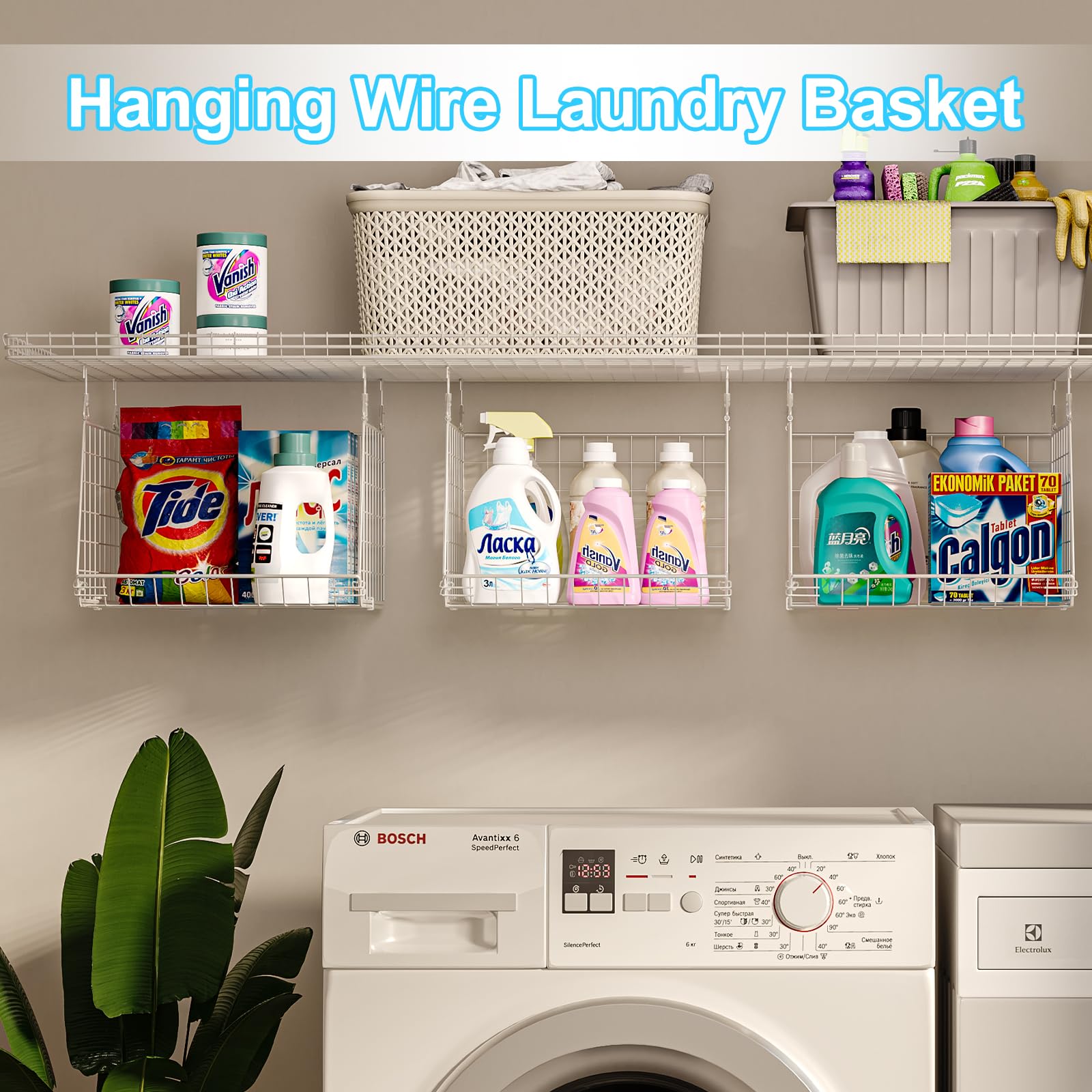 3-Tier Hanging Laundry Basket Organizer:Foldable Wire Shelf Laundry Room Organizer With 360Rotating Hooks Space Saving Over Wash
