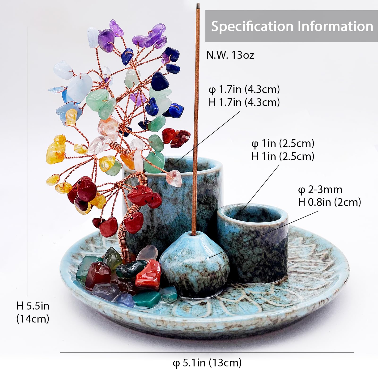 5 in 1 Incense Burner Holder with Crystal Healing Tree, Palo Santo Holder, Sage Holder, Incense Holder for Sticks/Cones/Candles,