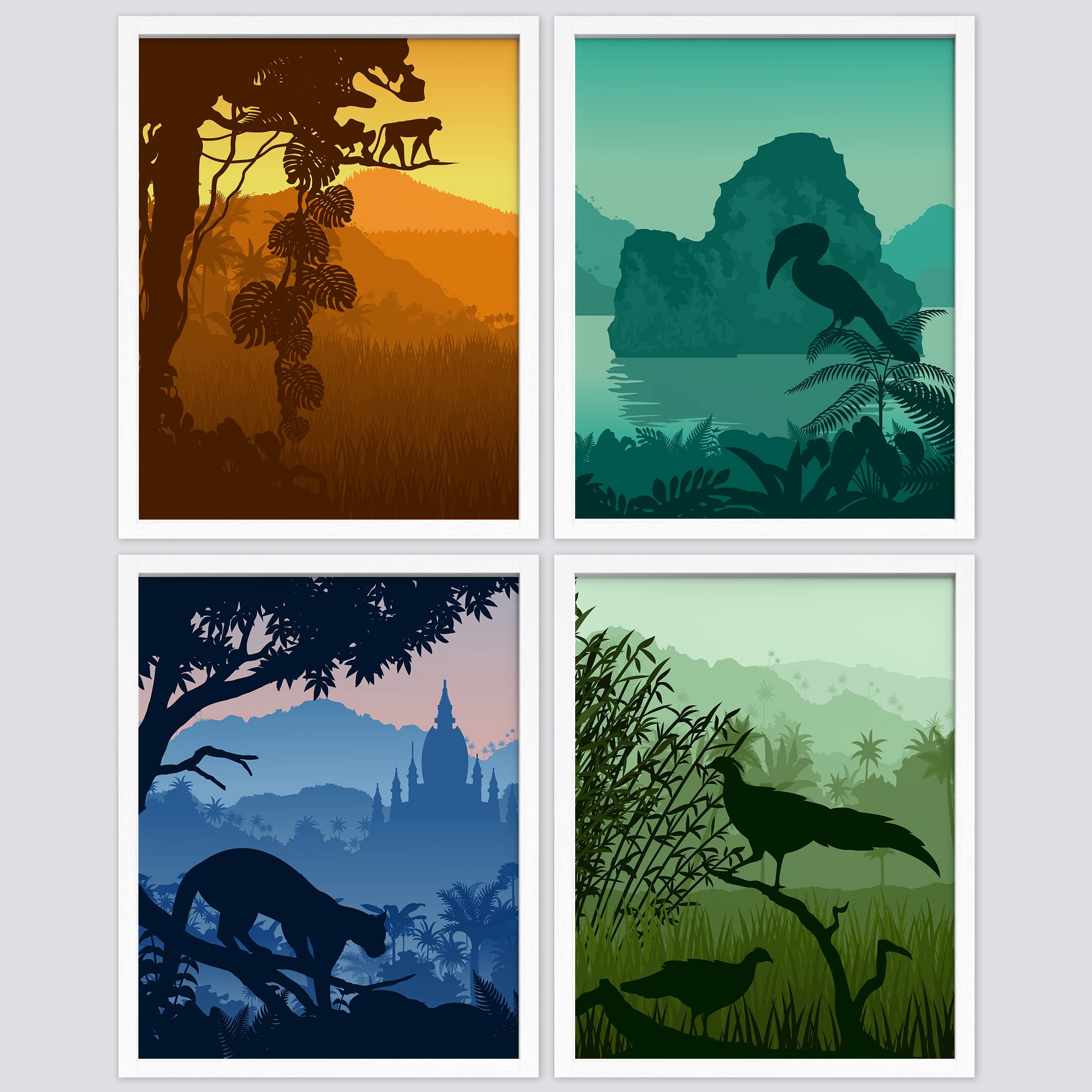 Signwin Framed Tropical Jungle Forest Wall Art, Set Of 4 Silhouette Landscapes Wall Decor Prints, Wilderness Nature Wall D   Cor