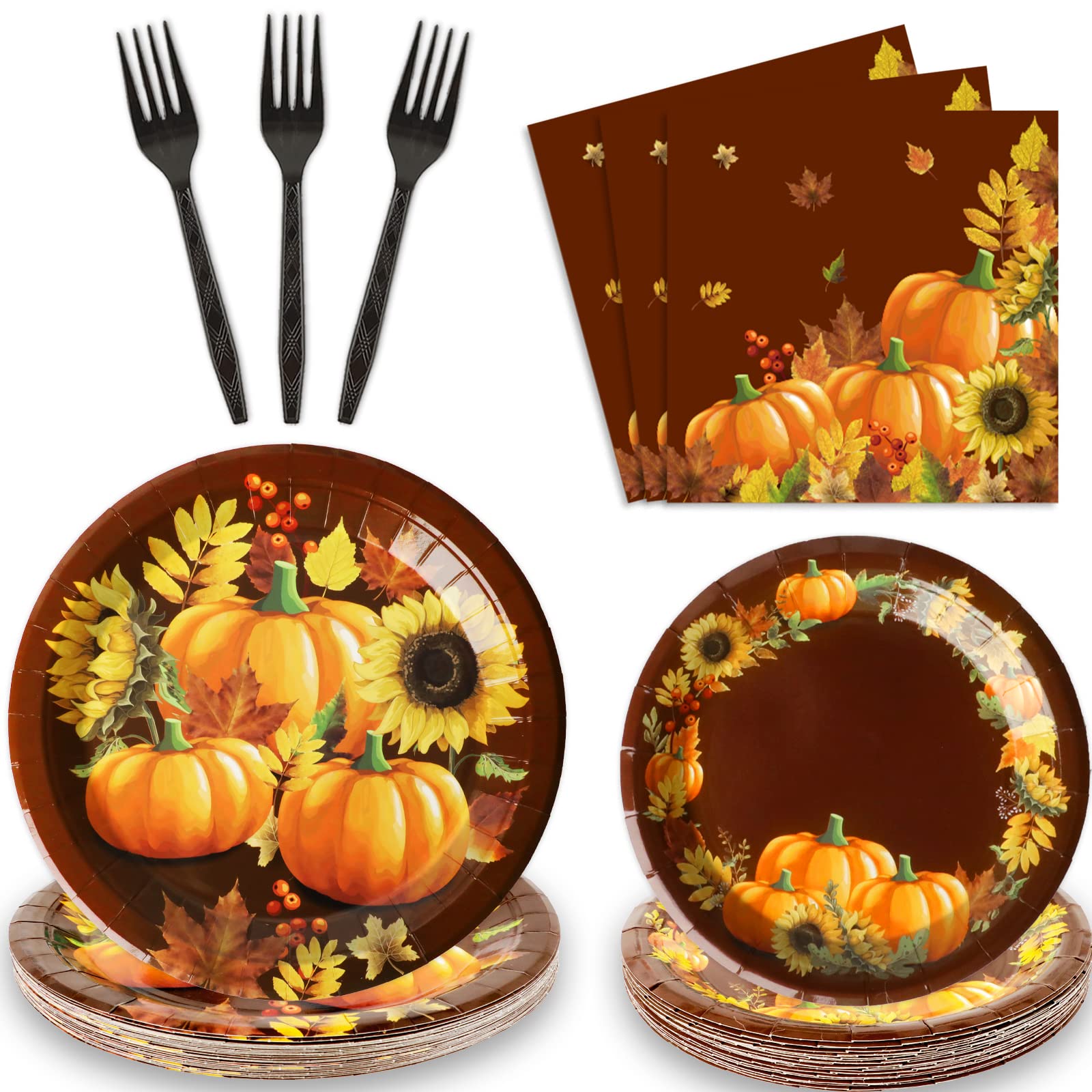 96 Pcs Fall Party Paper Plate and Napkins Supplies Thanksgiving Fall Pumpkin & Sunflower Dessert Plates Thanksgiving Disposable 
