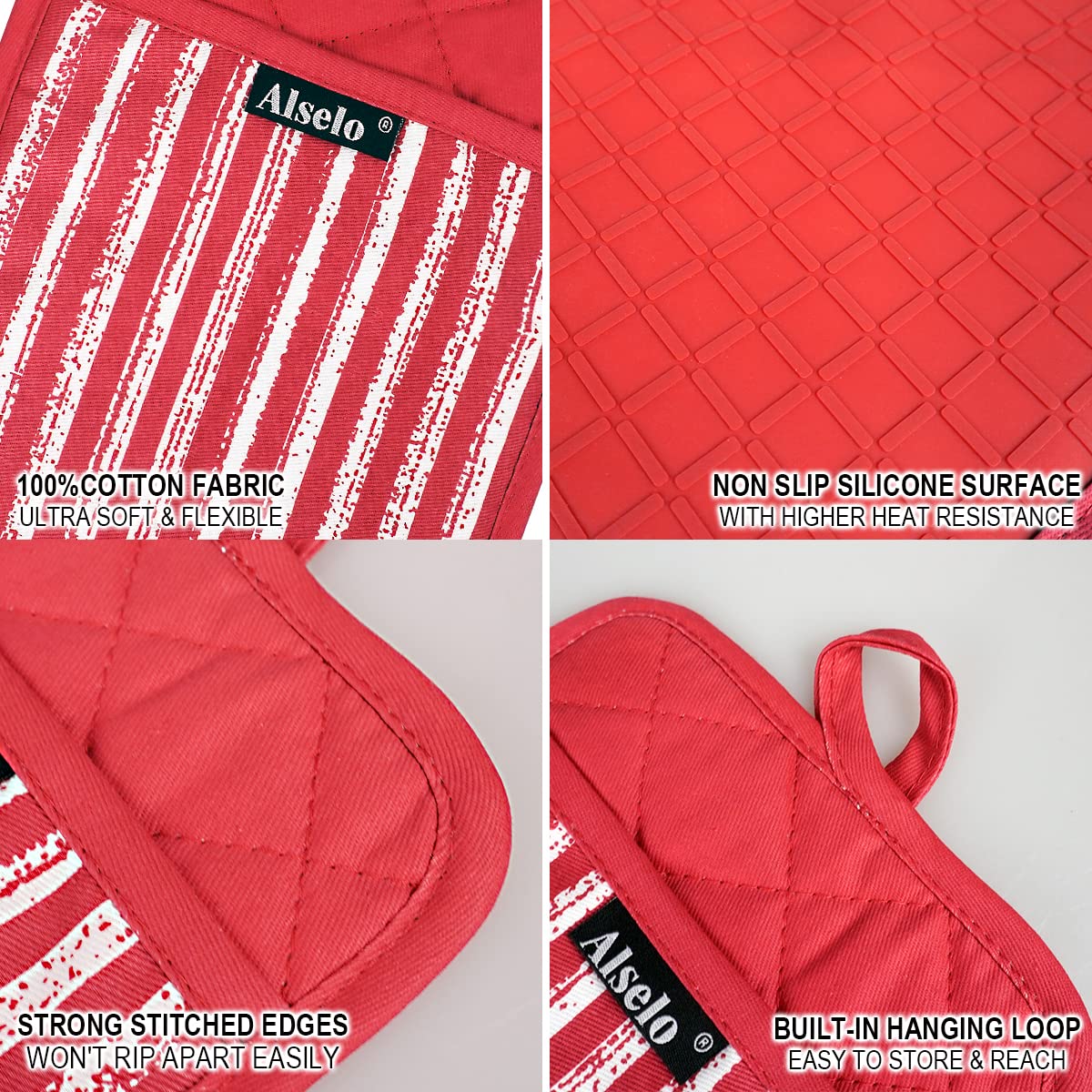 Alselo Silicone Pot Holders Set Of 3 Heat Resistant & Non Slip Potholders, Professional Oven Hot Pads With Pockets Mitts For Kit