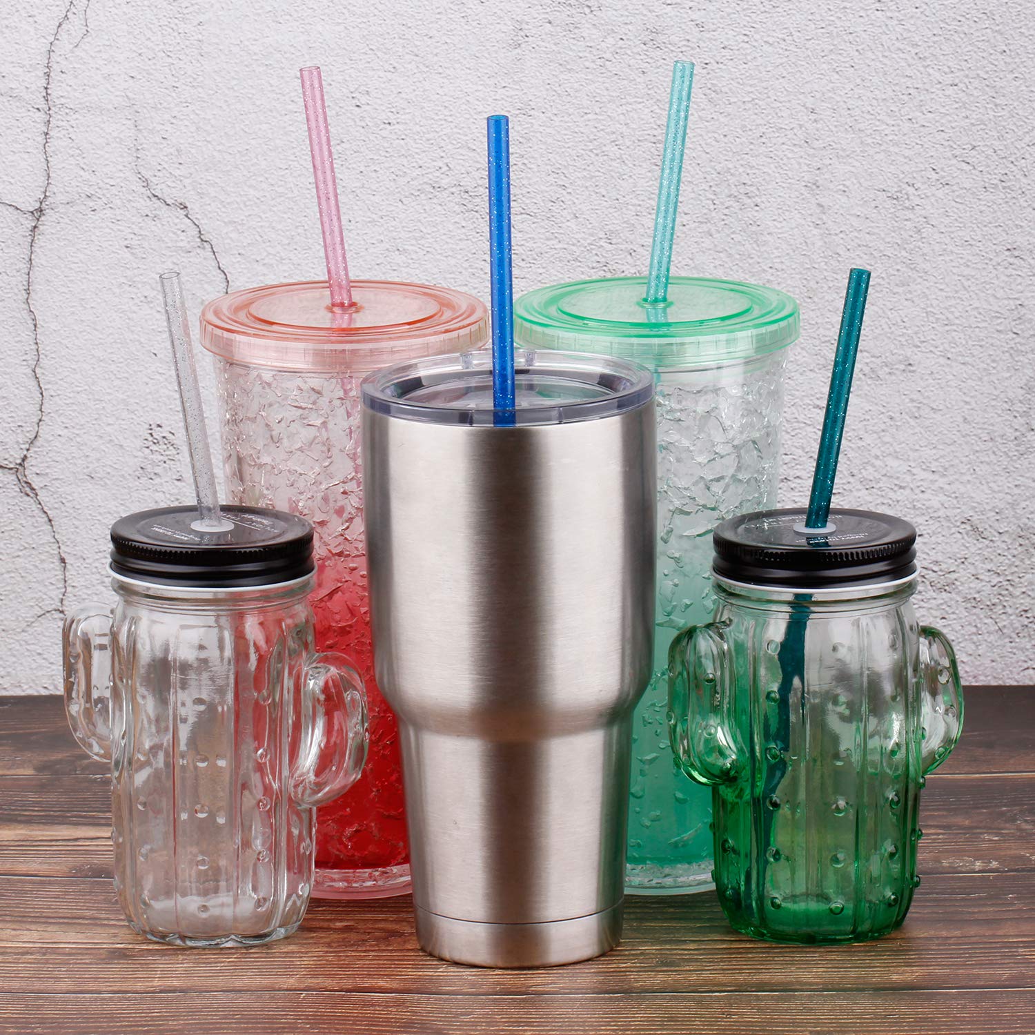 Dakoufish BPA-Free 12 Piece 11 Inch Reusable Clear Plastic Glitter Sparkle Drinking Straw Plus one Cleaning Brush (6color 11inch)