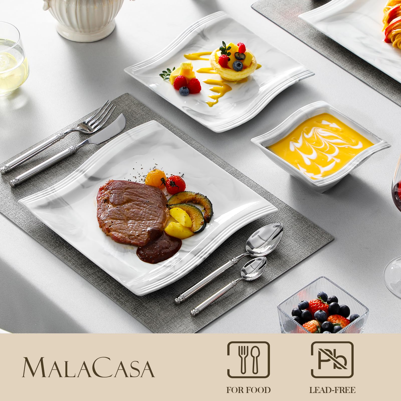 MALACASA 26 Pieces Dinnerware Sets for 6, Porcelain Plates and Bowls Sets, Square Dinnerware Set with Dinner Plates and Bowls, D