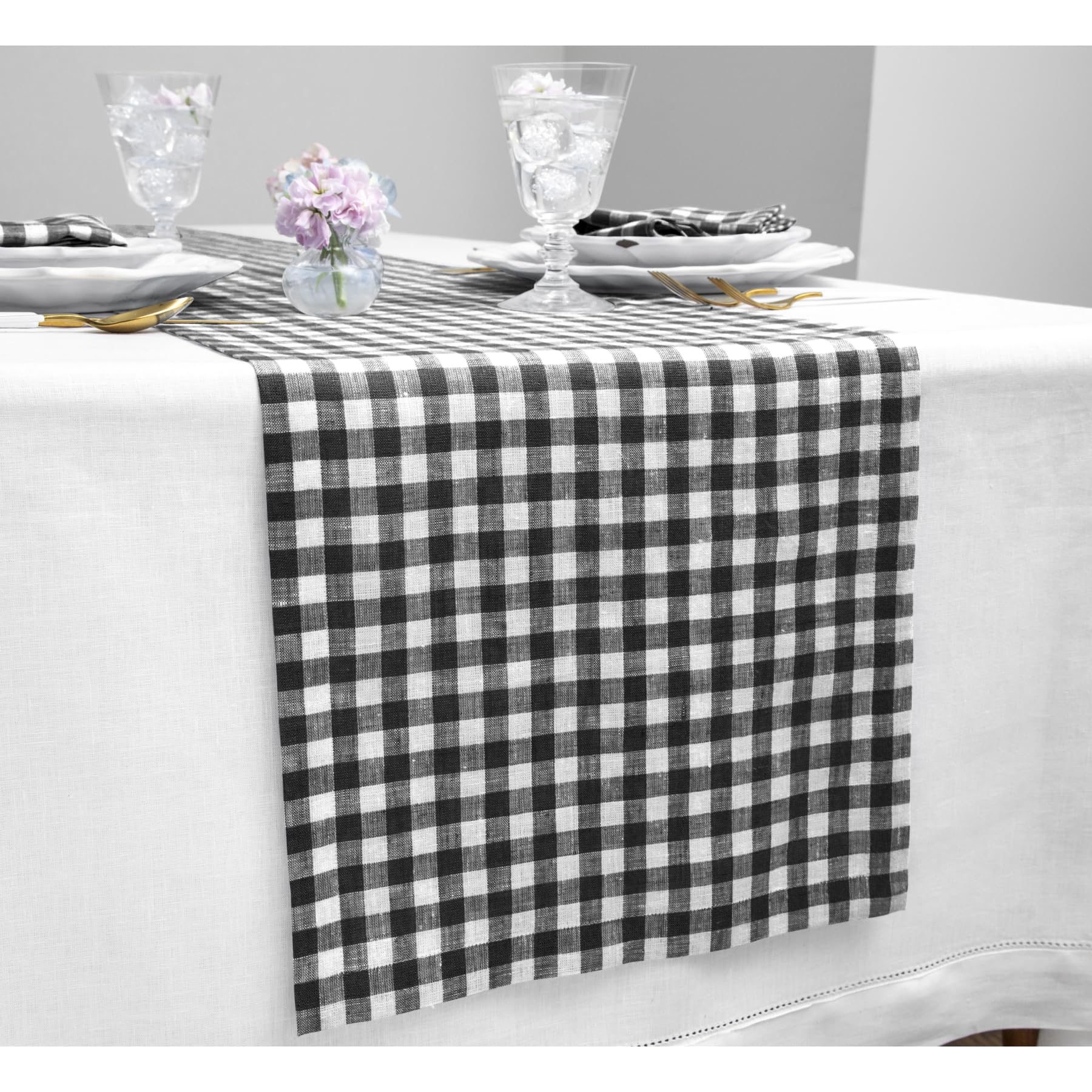 Solino Home Check Linen Table Runner 108 Inches Long - 100% Pure Linen Black Plaid Table Runner 14 X 108 Inch Ideal For Wedding,
