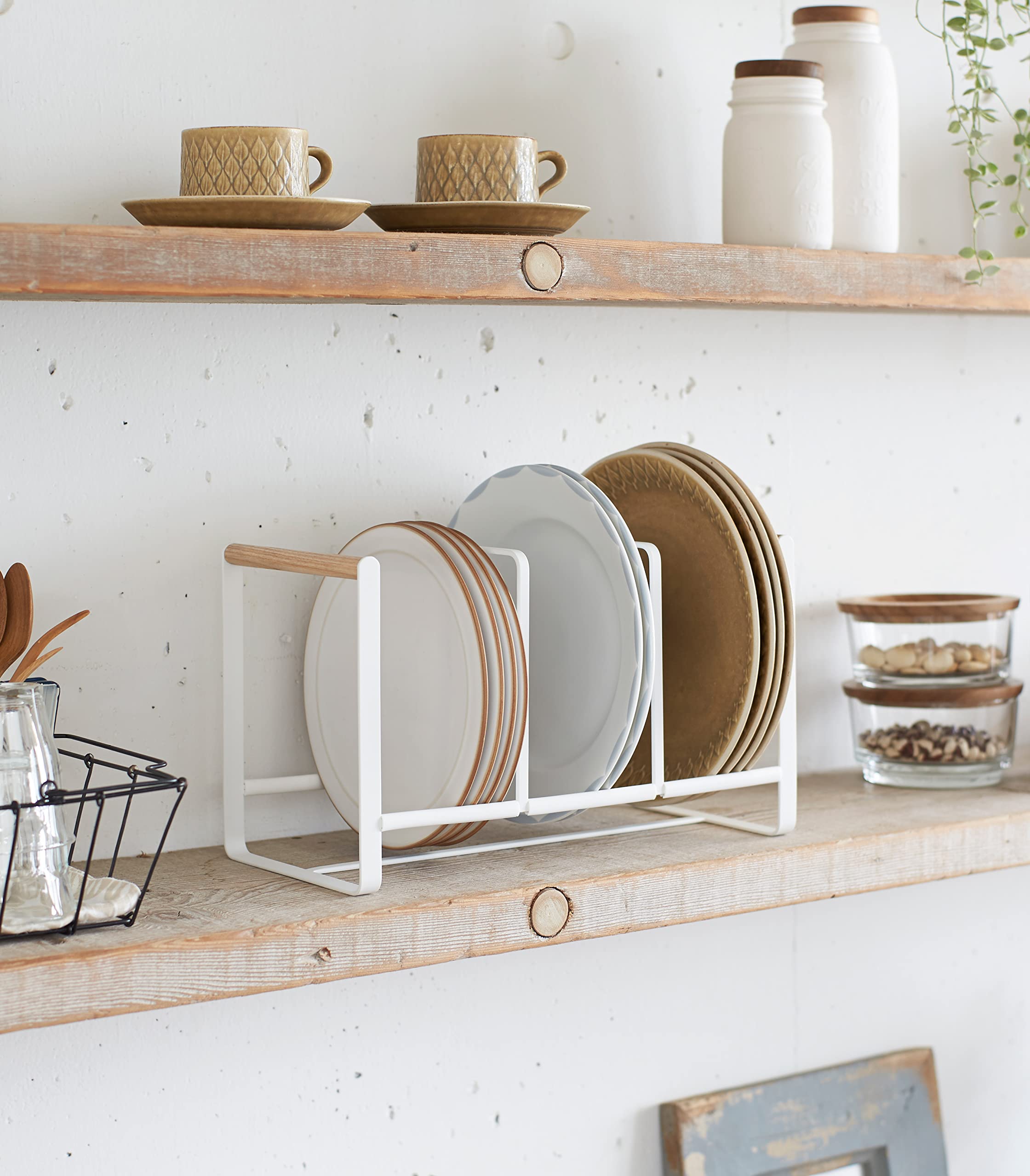 Yamazaki Home Plate Accented Storage Rack-Kitchen Holder Stand | Steel + Wood | Large | Dish Organizer, White