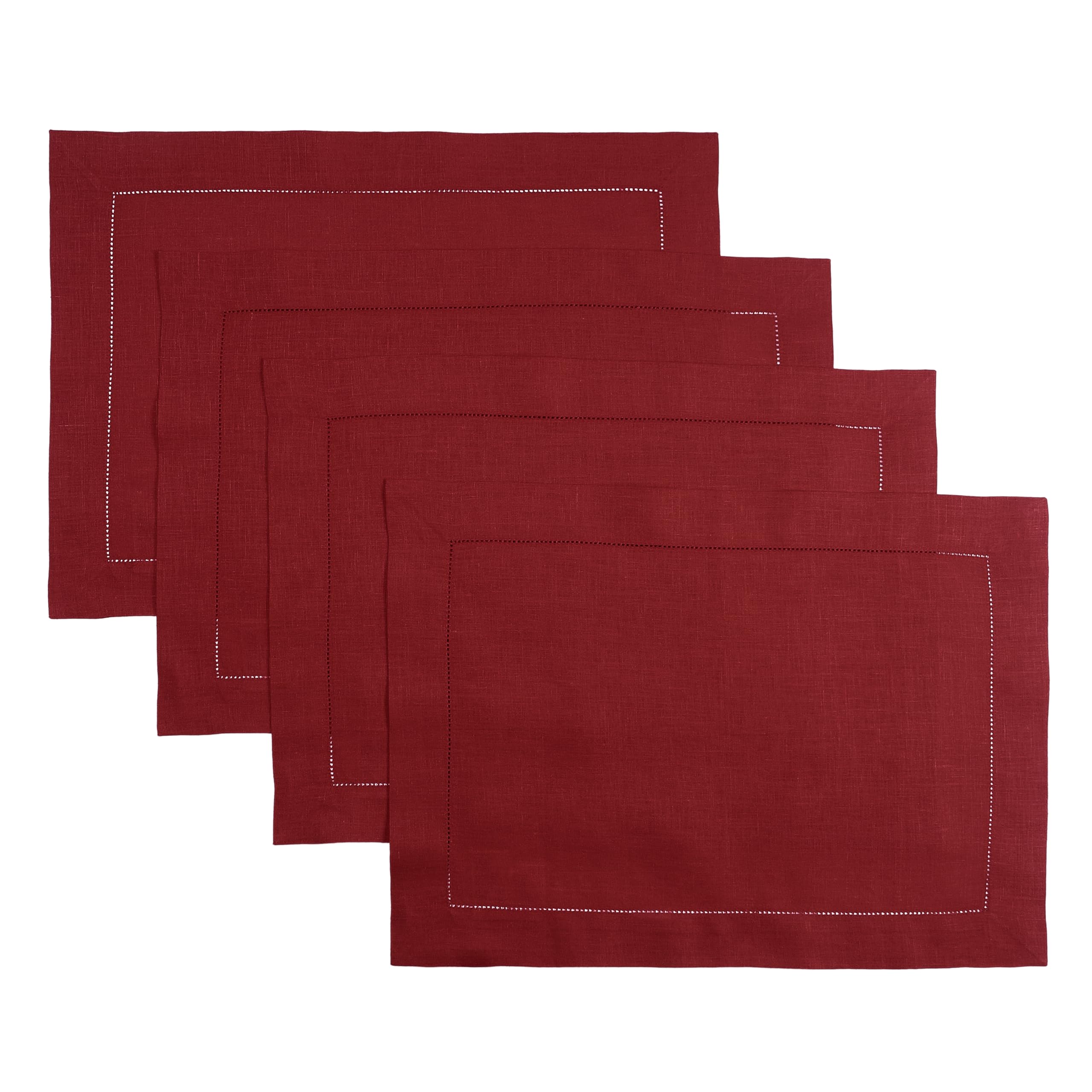 D'Moksha Homes Linen Placemats Set Of 4-100% Pure Linen Red Placemats 14 X 19 Inch - Classic Hemstitch, Washable Red Placemats F