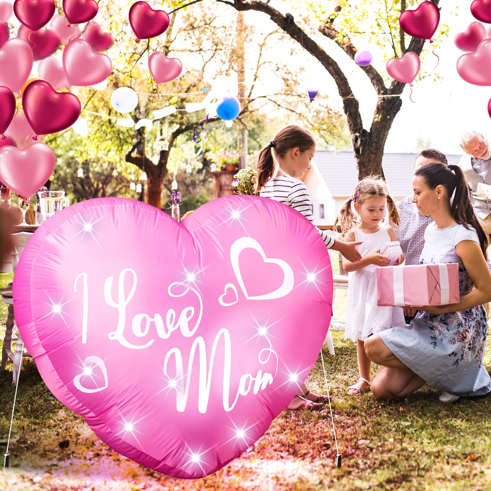 VIHOSE 3.9 Ft Mother  s Day Inflatables Decoration I Love Mom Blow Up Decor Heart LED Lights Inflatable Decor for Outdoor Yard G