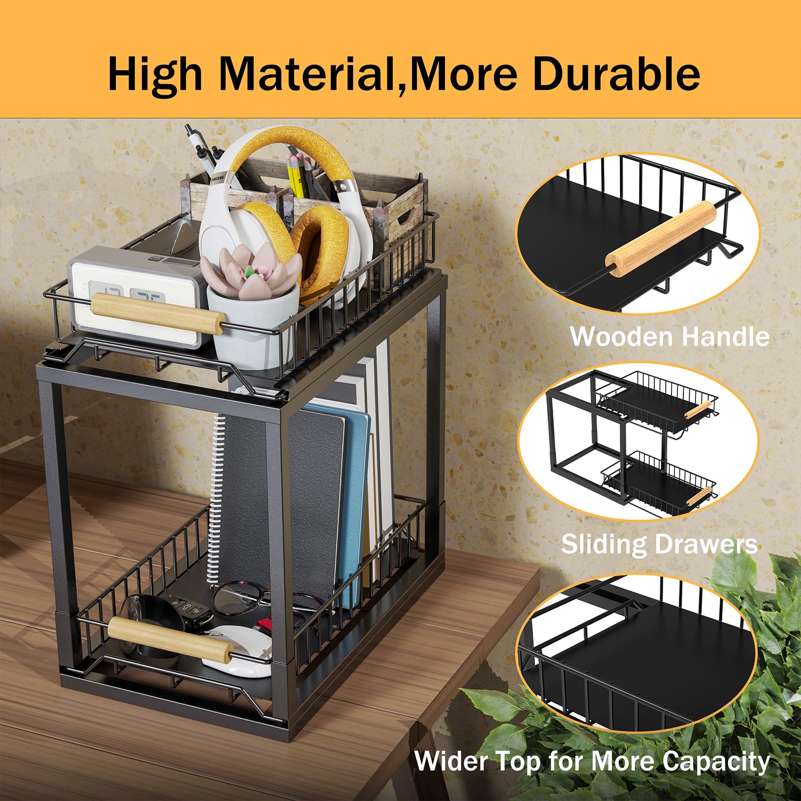 Paroto Under Sink Organizer, 2-Tier Pull Out Under Sink Organizers And Storage With Wooden Handles, Large Capacity Under Sink St