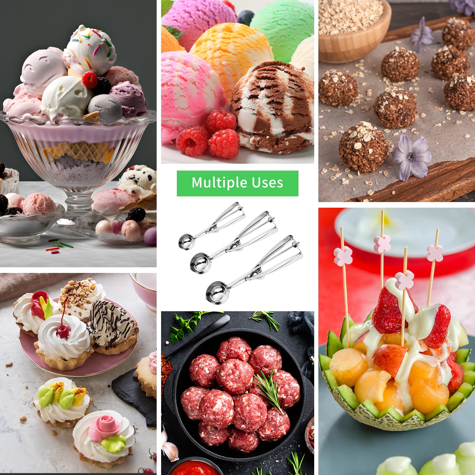 AOULELA 3PCS Ice Cream Scoop Set, Stainless Steel Cookie Scoops, Small/Medium/Large, Silver, Model ICS0103