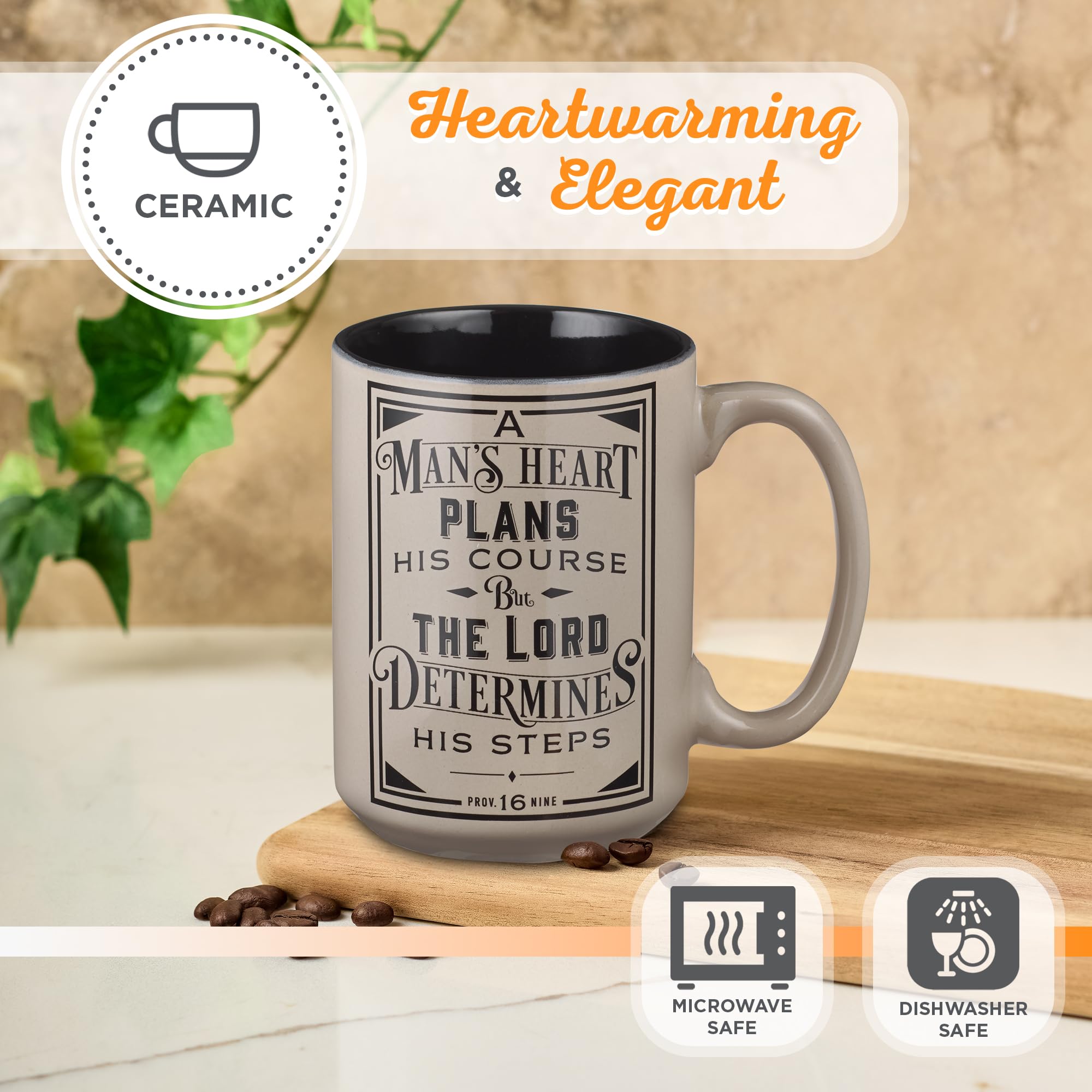 Christian Art Gifts Large Ceramic Coffee & Tea Mug for Men, Dads & Pastors: Mans Heart Plans Inspirational Bible Verse Microwav