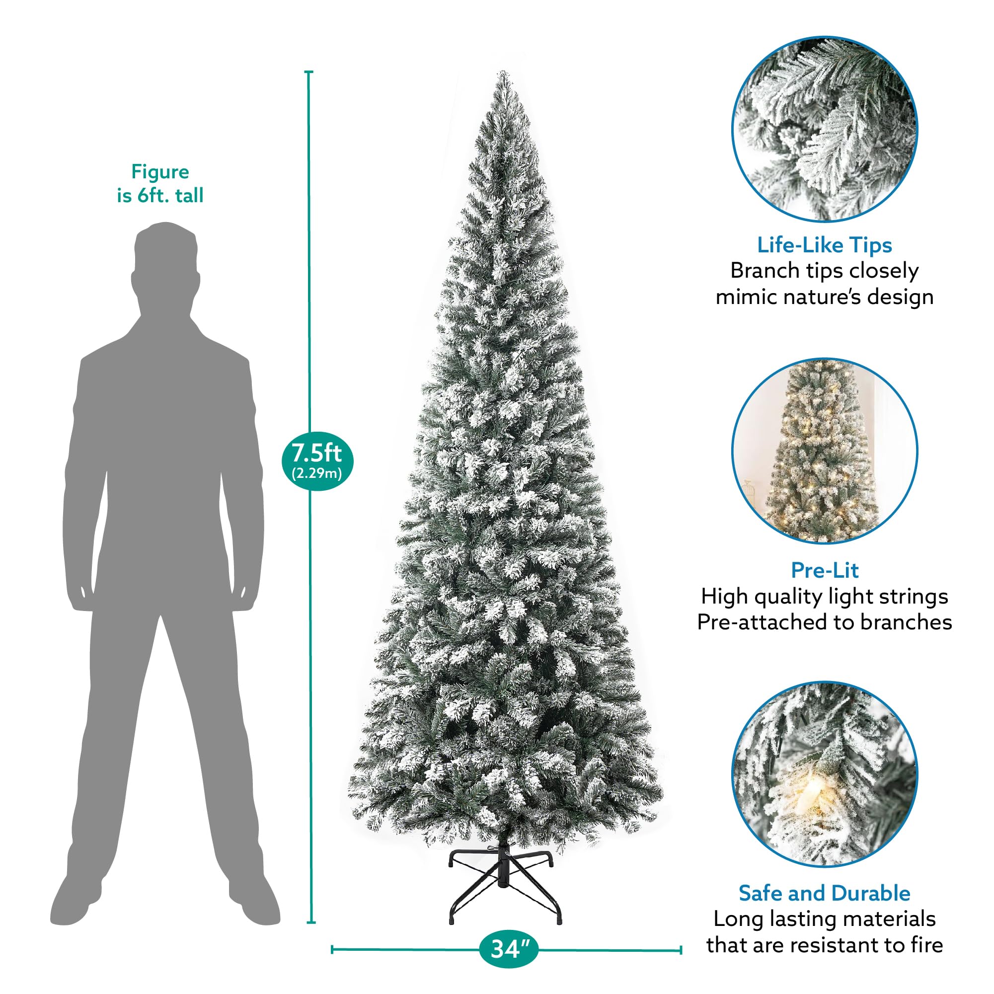 Naomi Home Salzburg 7.5ft Frosted Prelit Slim Artificial Christmas Tree with 1102 Branch Tips, 350 Warm Lights and Metal Stand,