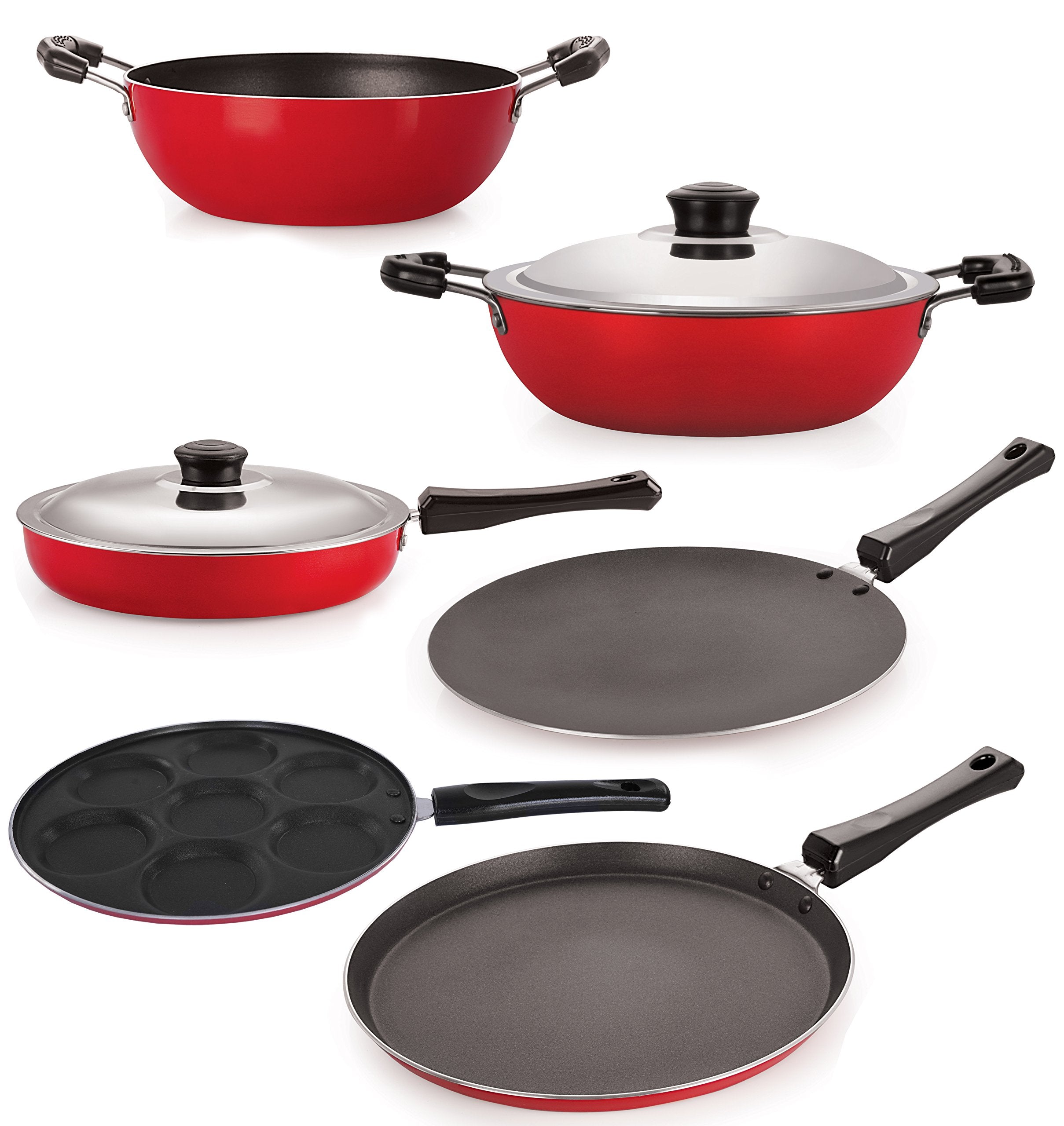Nirlon NonStick Aluminium Cookware Set, 6Pieces, Red (Ft12Ctfp12Kd13Dkdbup)