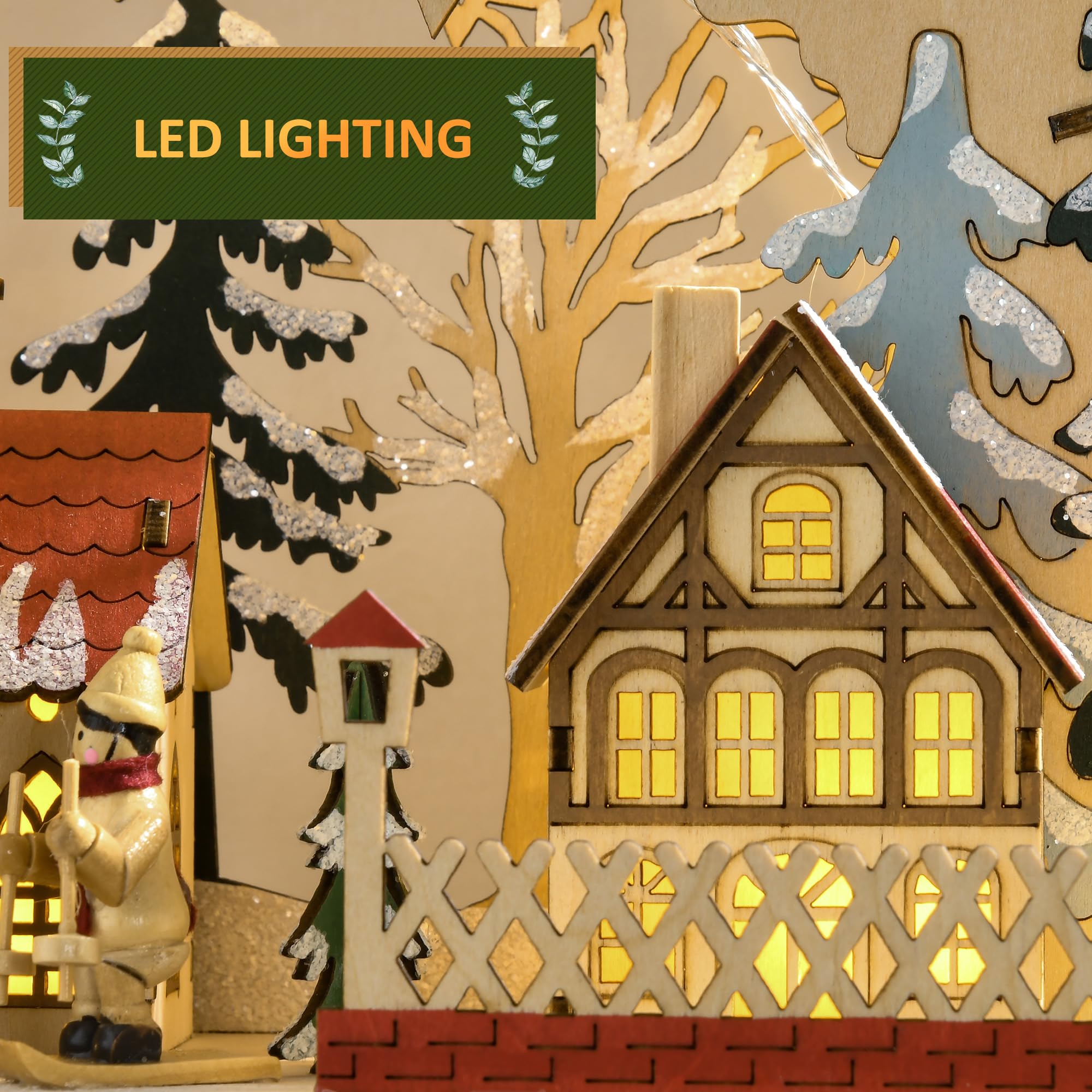 HOMCOM Wooden Christmas Advent Calendar, Light Up Table Holiday Decoration with 24 Countdown Drawers and LED Lights for Kids and