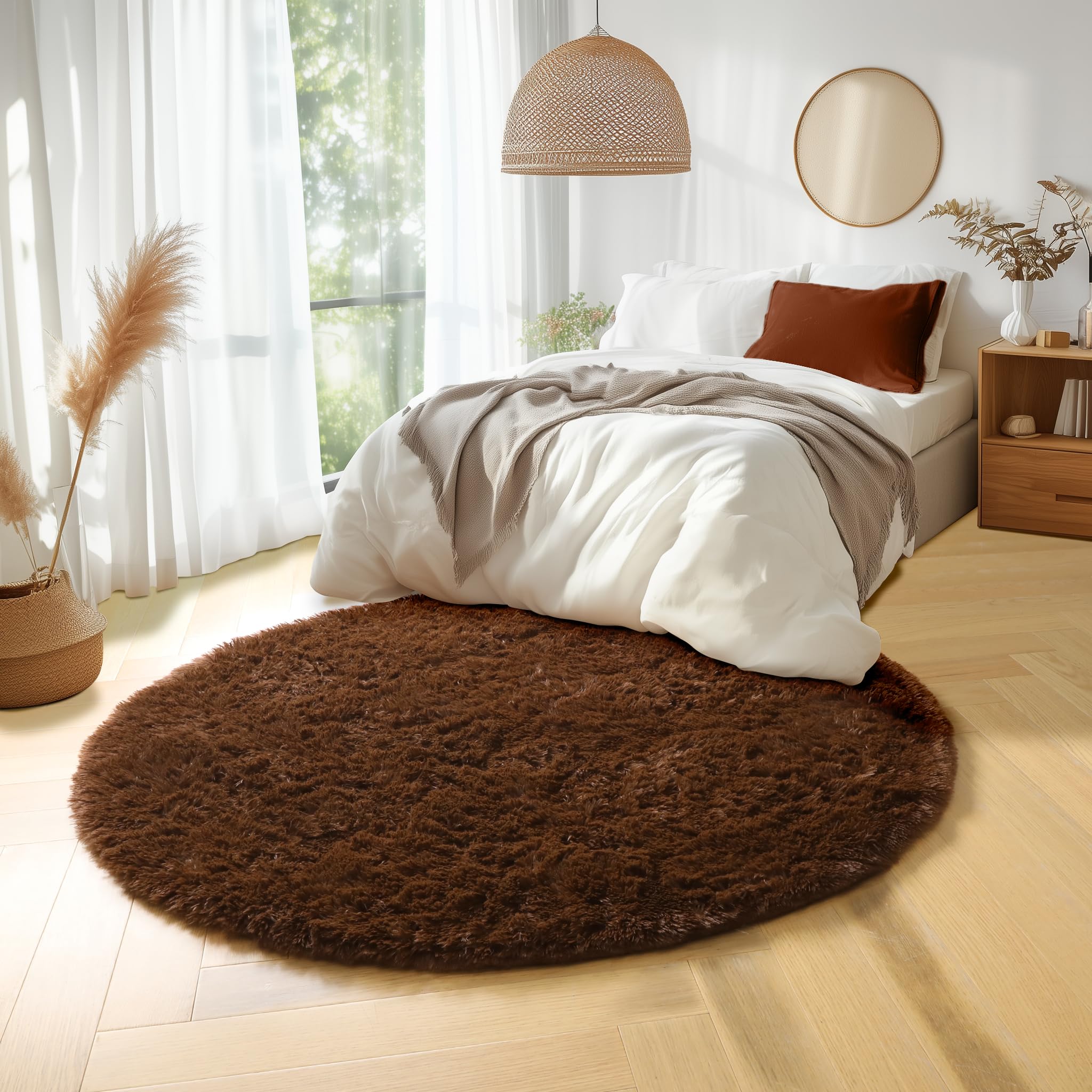 Amdrebio Dark Brown Round Circle Rugs 5Ft for Bedroom, Fluffy Shag Plush Area Rugs for Kids Room, Living Room Decor Aesthetic, F