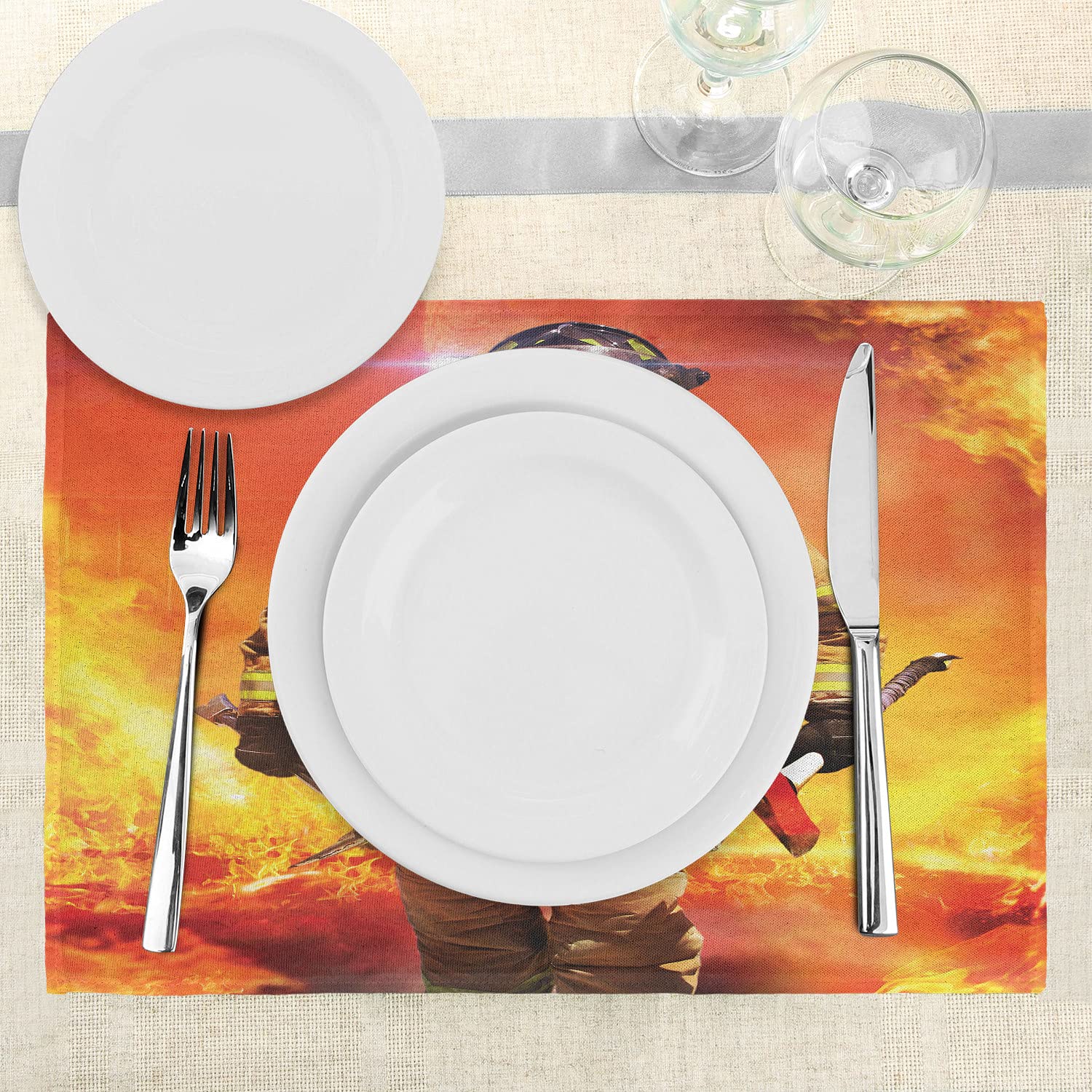 Lunarable Service Place Mats Set Of 4, Man In A Building On Searching For Survivors Emergency Services Illustration, Washable Fa