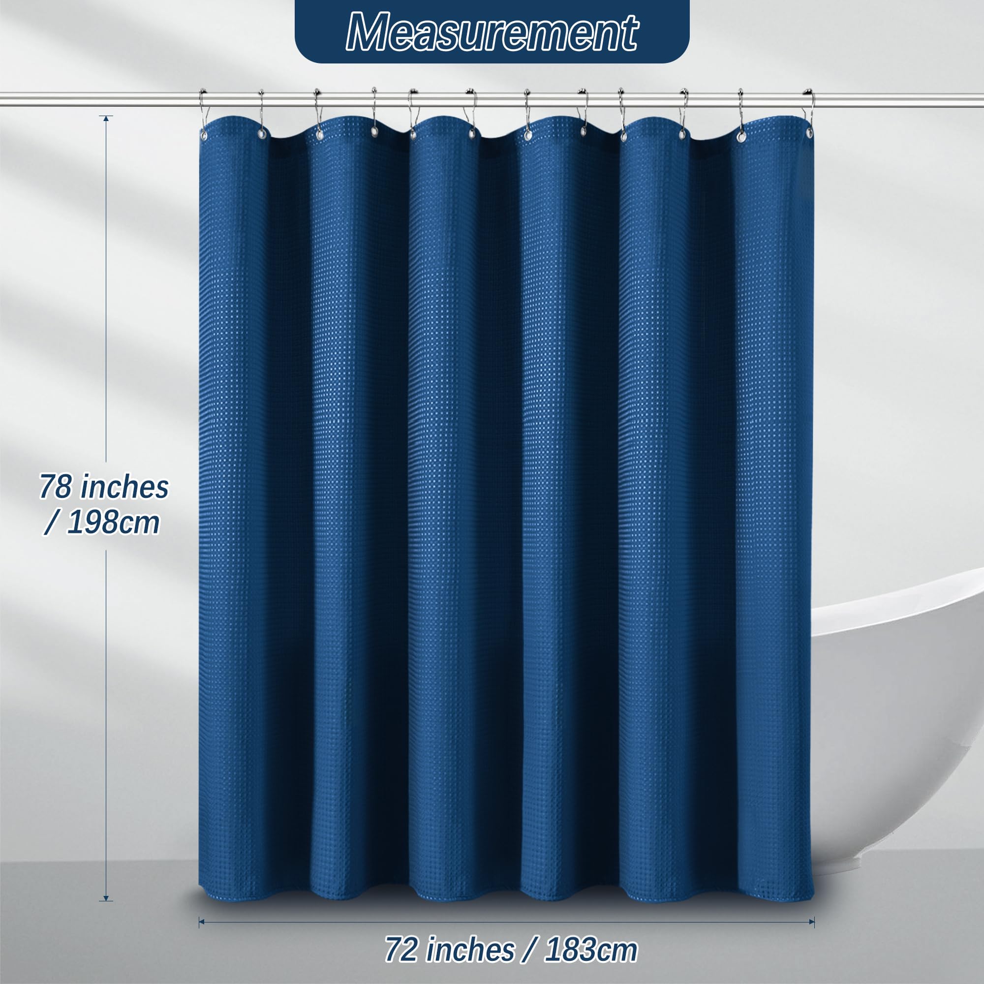 Pangsinne Shower Curtain Classic Blue Waffle Textured, 256Gsm Heavy Duty Weighted Fabric Shower Curtains, Hotel Quality Luxury P