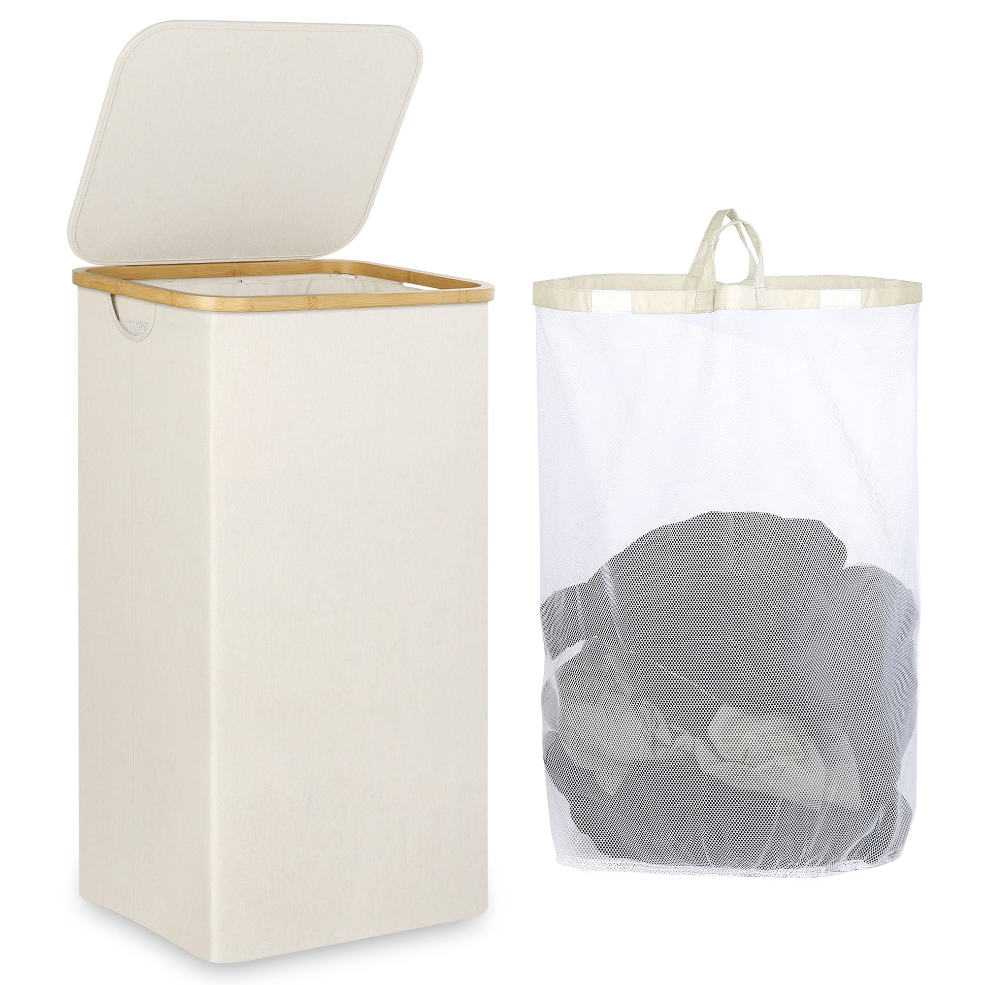 Iegrow Laundry Basket With Lid 110L, Laundry Hamper With Removable Inner Bag And Bamboo Handles, Large Collapsible Washing Baske