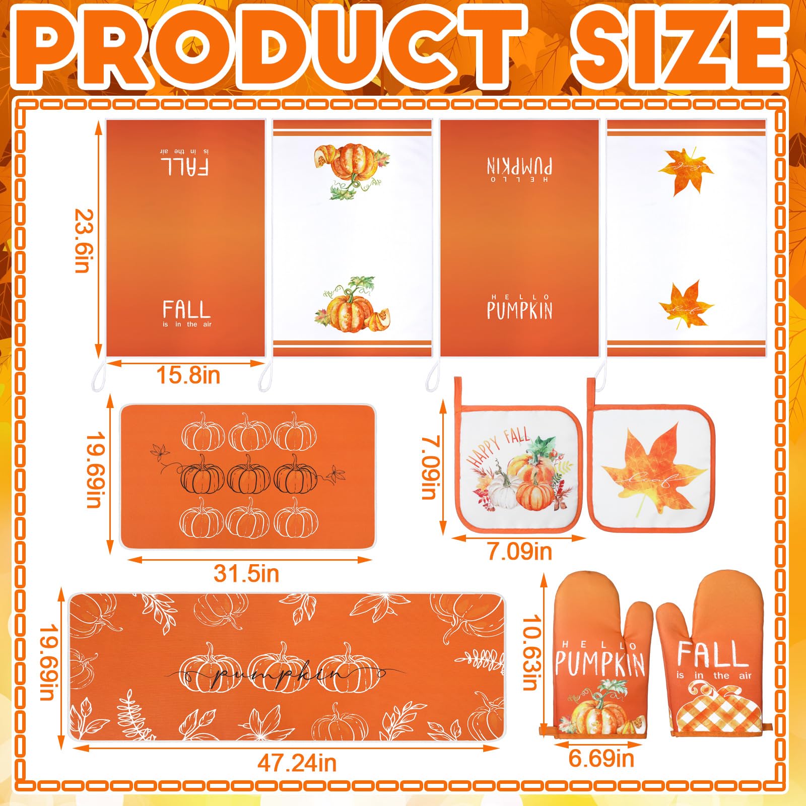 Fourluoo 10 Pcs Thanksgiving Fall Kitchen Decor Set Fall Oven Mitts and Pot Holders Pumpkin Maple Leaves Dish Towels Kitchen Rug