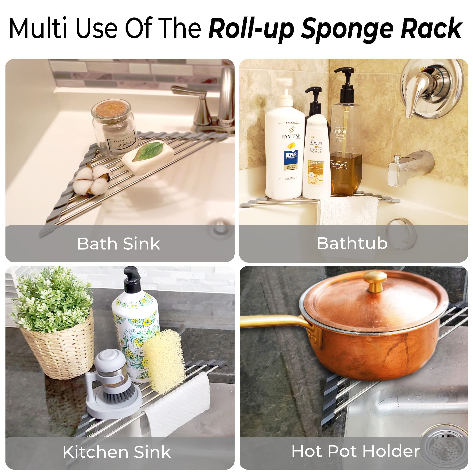 Roll Up Sponge Holder For Counter, Sink Organizer For Kitchen, Bathroom, Laundry Room, 304-Stainless Steel Sink Organizer For Sp