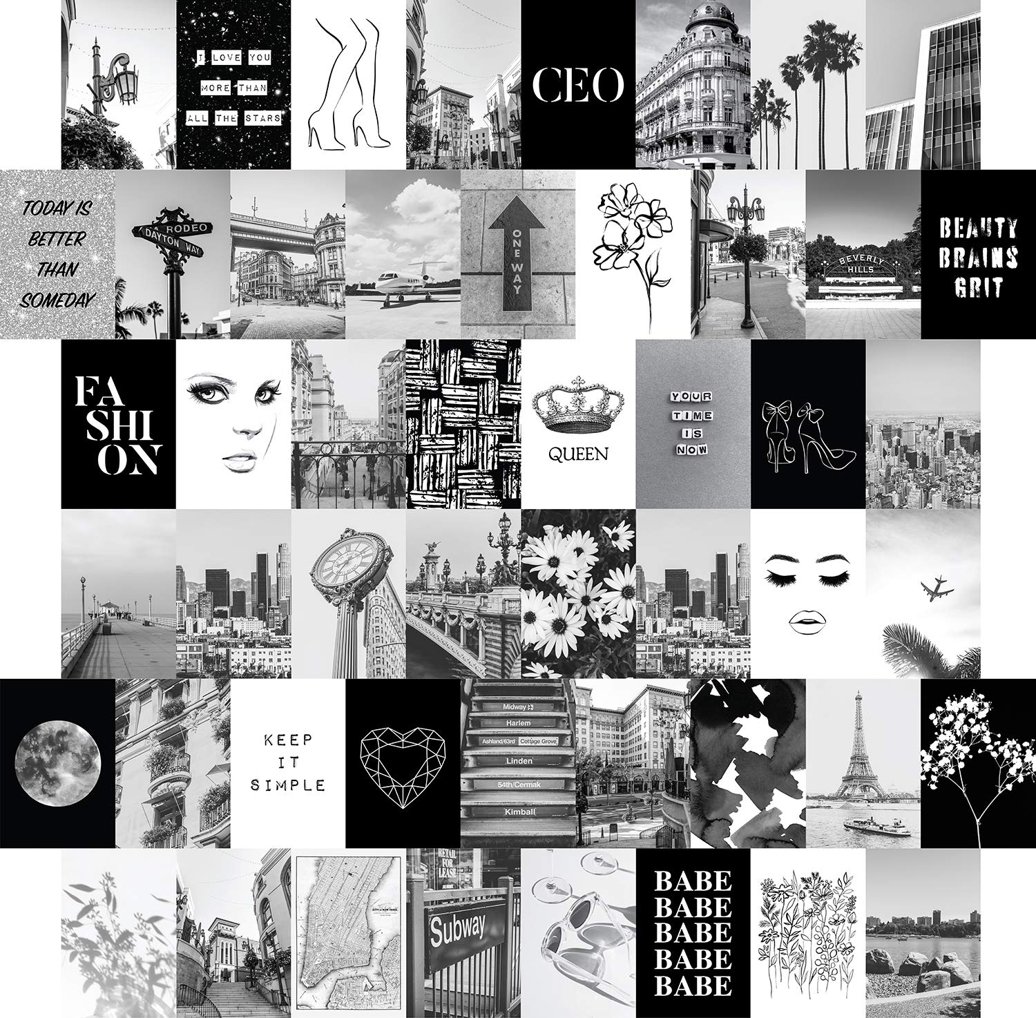 Black White Wall Collage Kit Aesthetic Pictures 50 Set 8X10 Inches, City Chic Wall Decor For Teen Girls, Wall Art Prints, Colleg