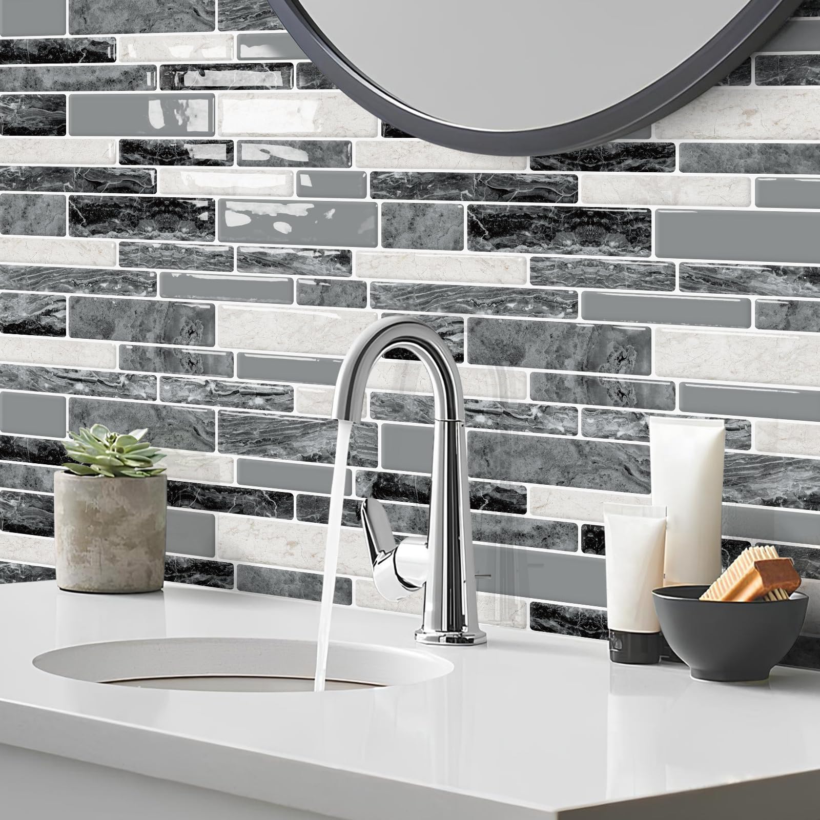 DEWOO Peel and Stick Backsplash 3D Self Adhesive Wall Tiles for Kitchen Bathroom,Marble Gray (10-Sheet, 12  12)