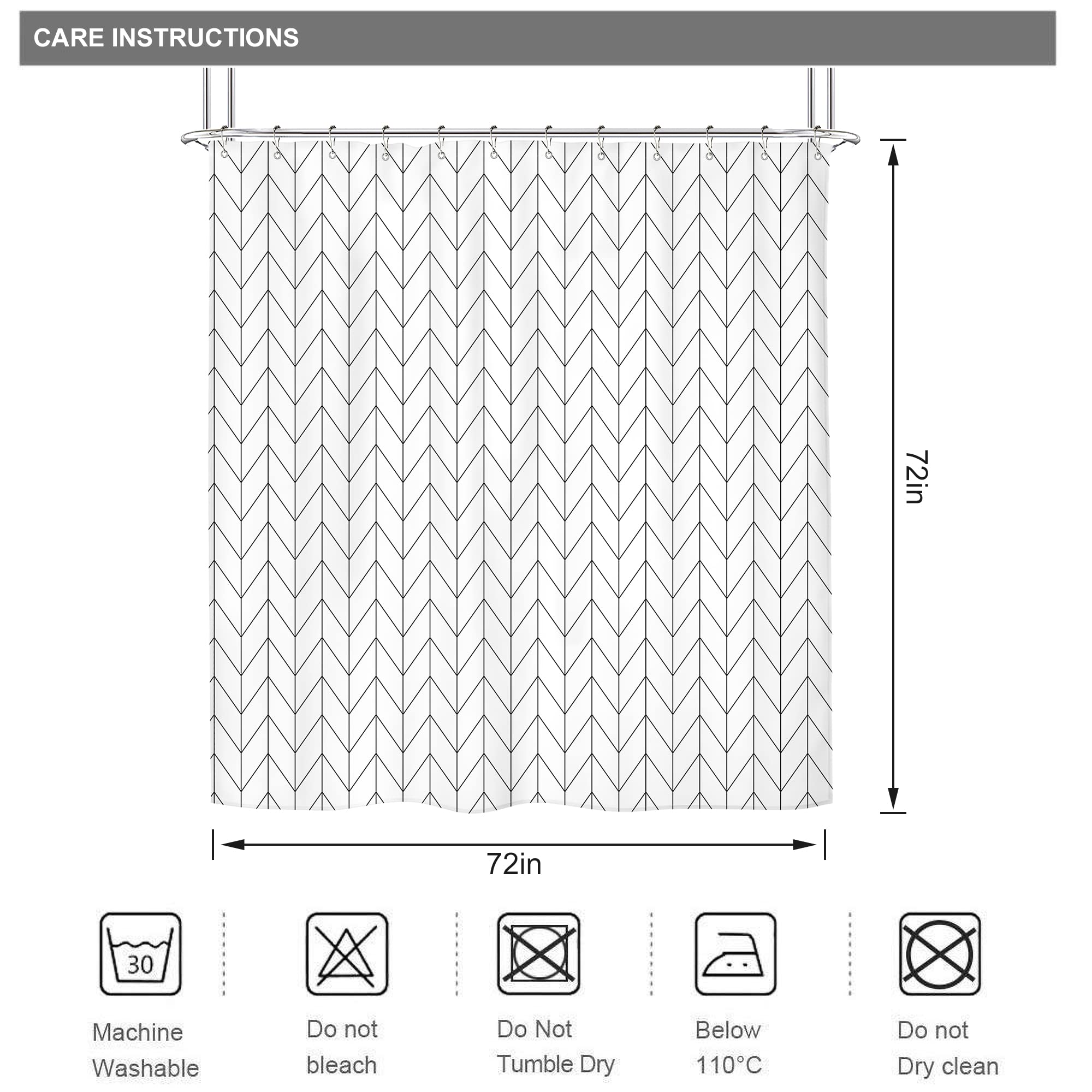 Riyidecor Stall Herringbone Chevron Shower Curtain Black White 72x72 Inch Geometric Striped Simple Modern Classy Neutral Contemporary 12 Pack Hooks Decor Fabric Bathroom Set Polyester Waterproof
