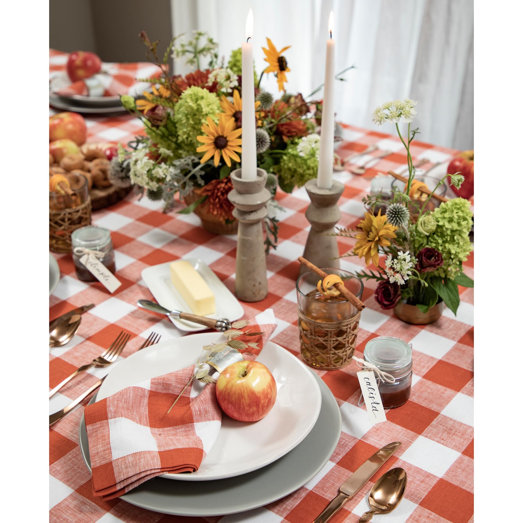 Solino Home Buffalo Check Linen Tablecloth 120 '' L X 60 '' W Inch - 100% Pure Linen Cinnamon And White Table Cloth For Rectangl