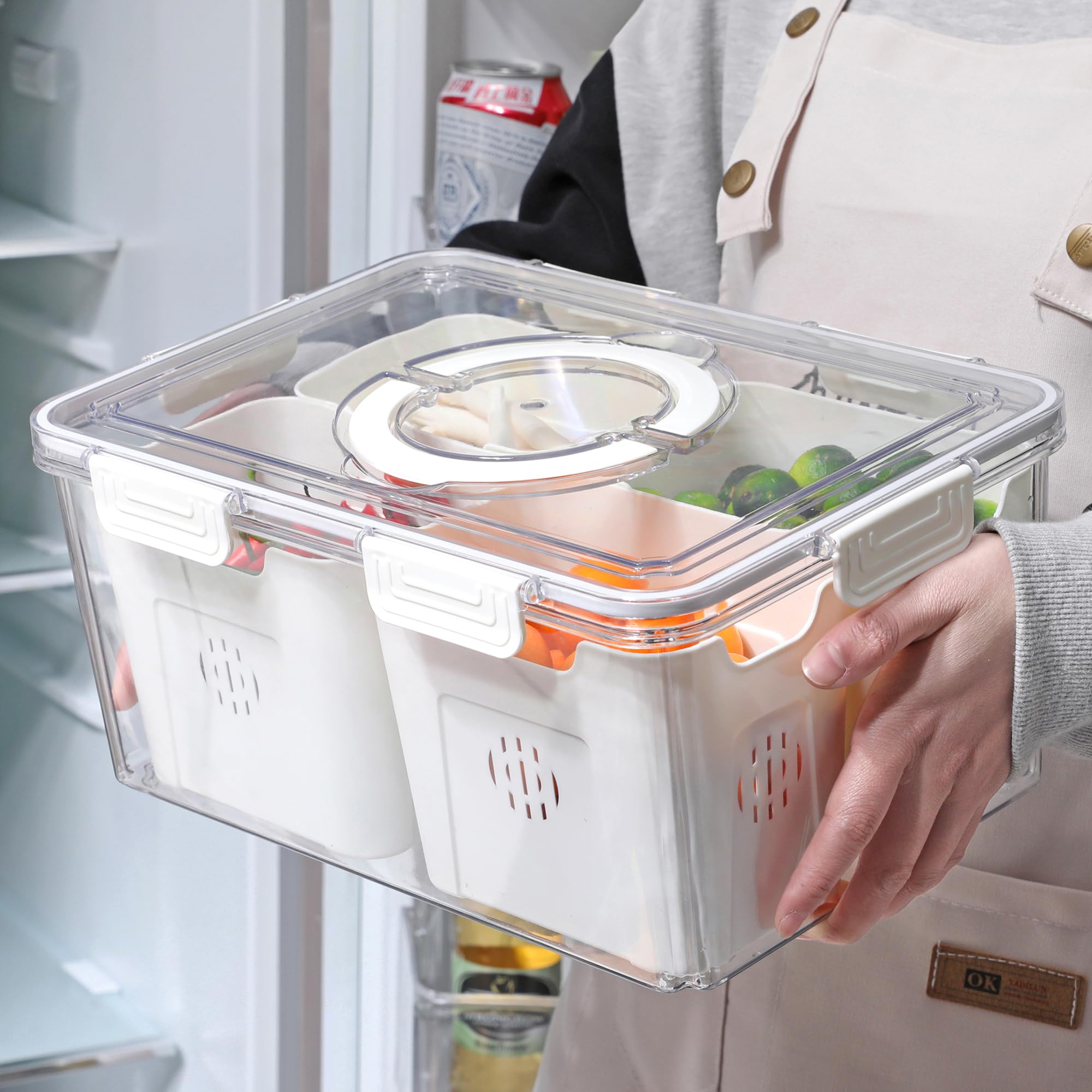 Taiuloo Airtight Fruit Storage Containers For Fridge With Lids & Handle, Bpa-Free Food Storage Container With 4 Removable Coland