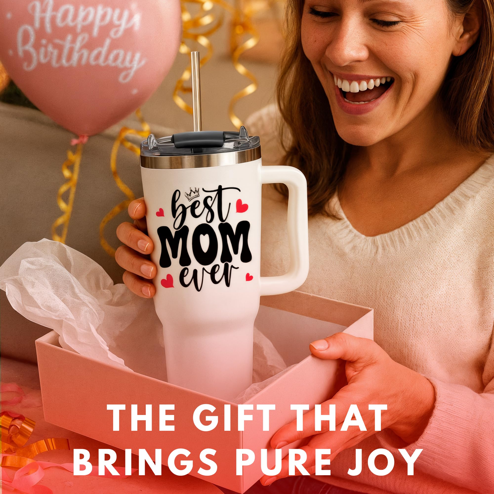 Christmas Gifts For Mom - Best Mom Ever Tumbler With Handle 40oz, Mommy Coffee Mug, Mama Tumblers, Momma Gift Ideas, Funny Birth
