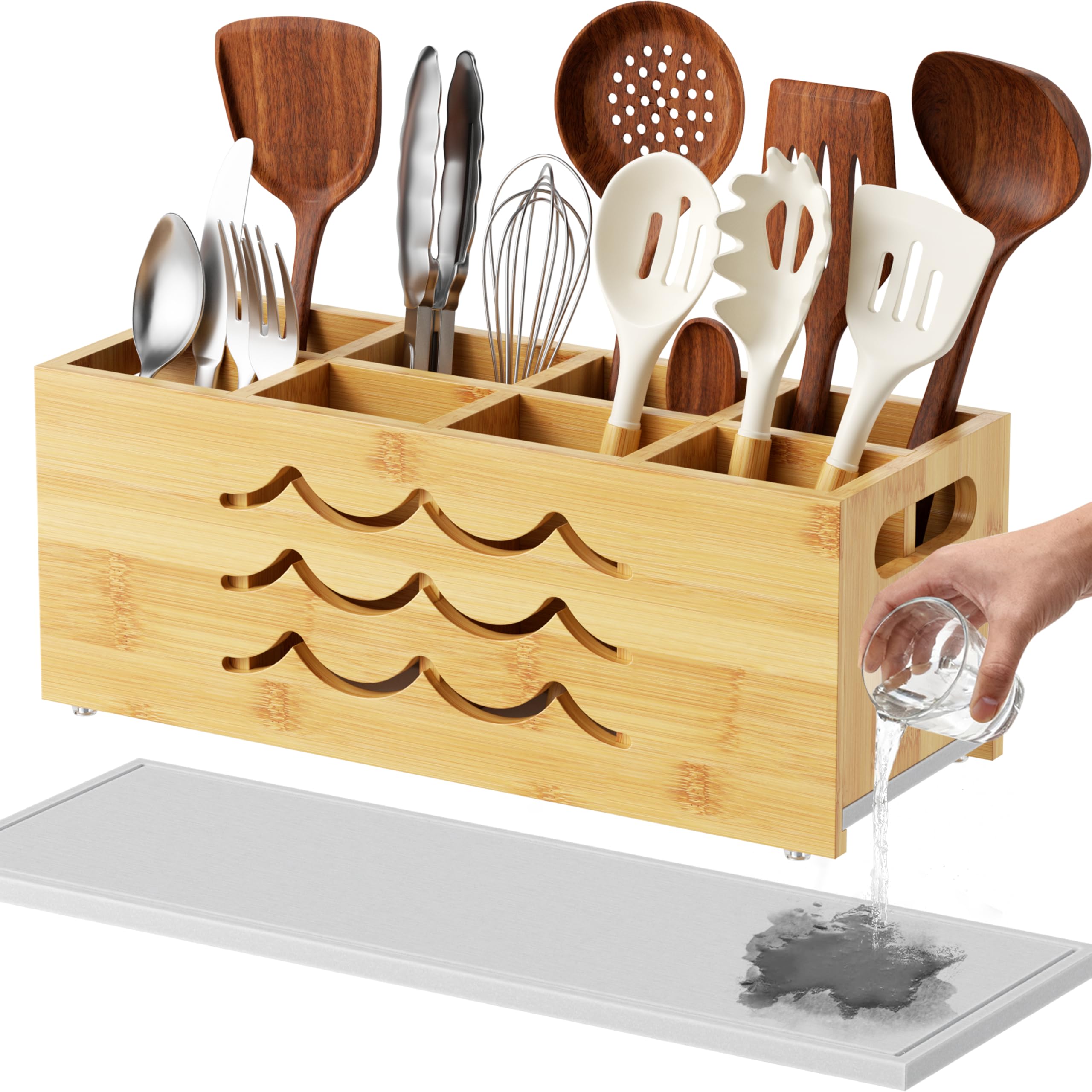 Kcrystenia Large Kitchen Utensil Holder for Countertop, 8 Adjustable Compartments Cooking Utensil Holder Organizer, Bamboo Silve