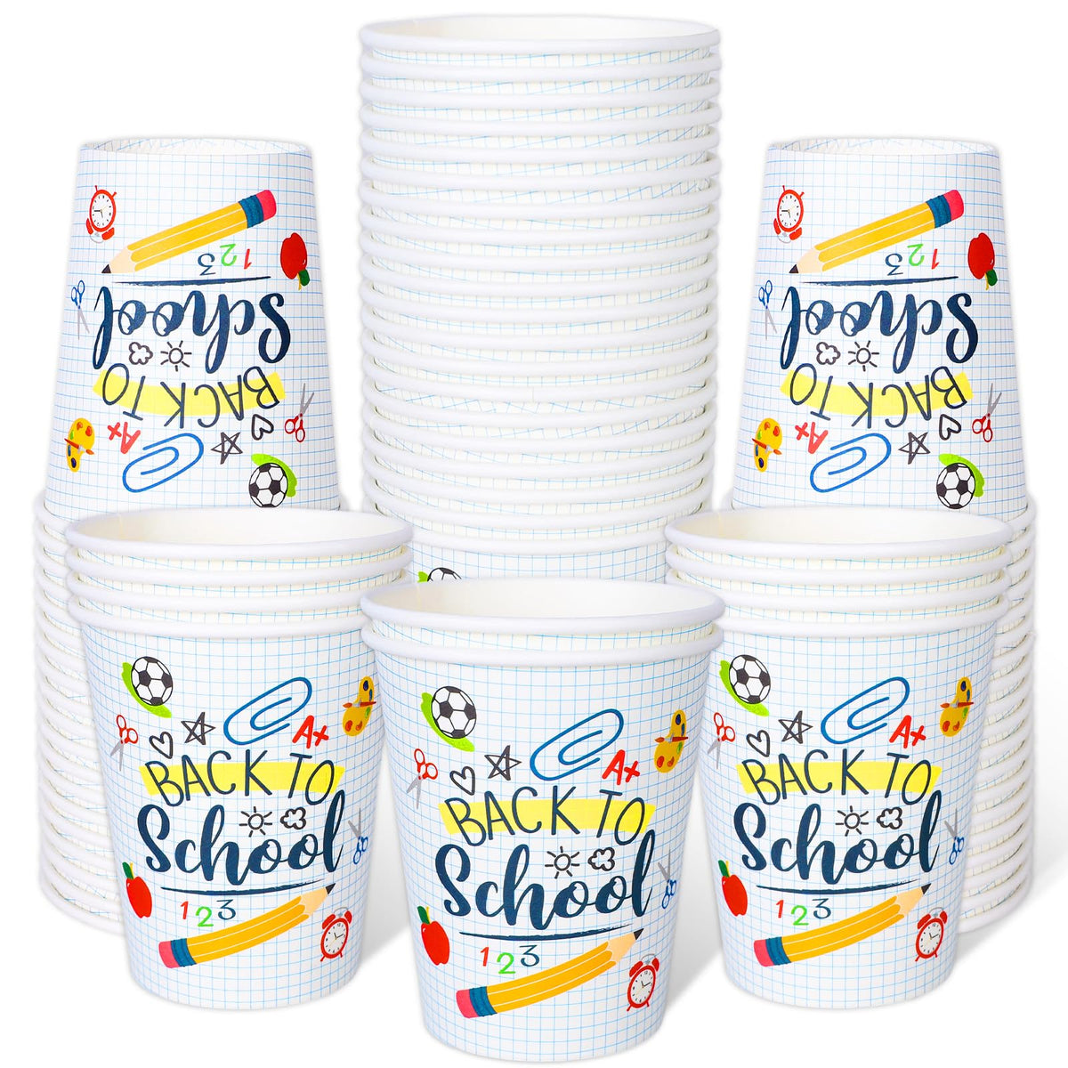 Whaline 50Pcs Back To School Party Paper Cups Funny Cartoon Disposable Cups Bulk First Day Of School Party Decorative Cups For C