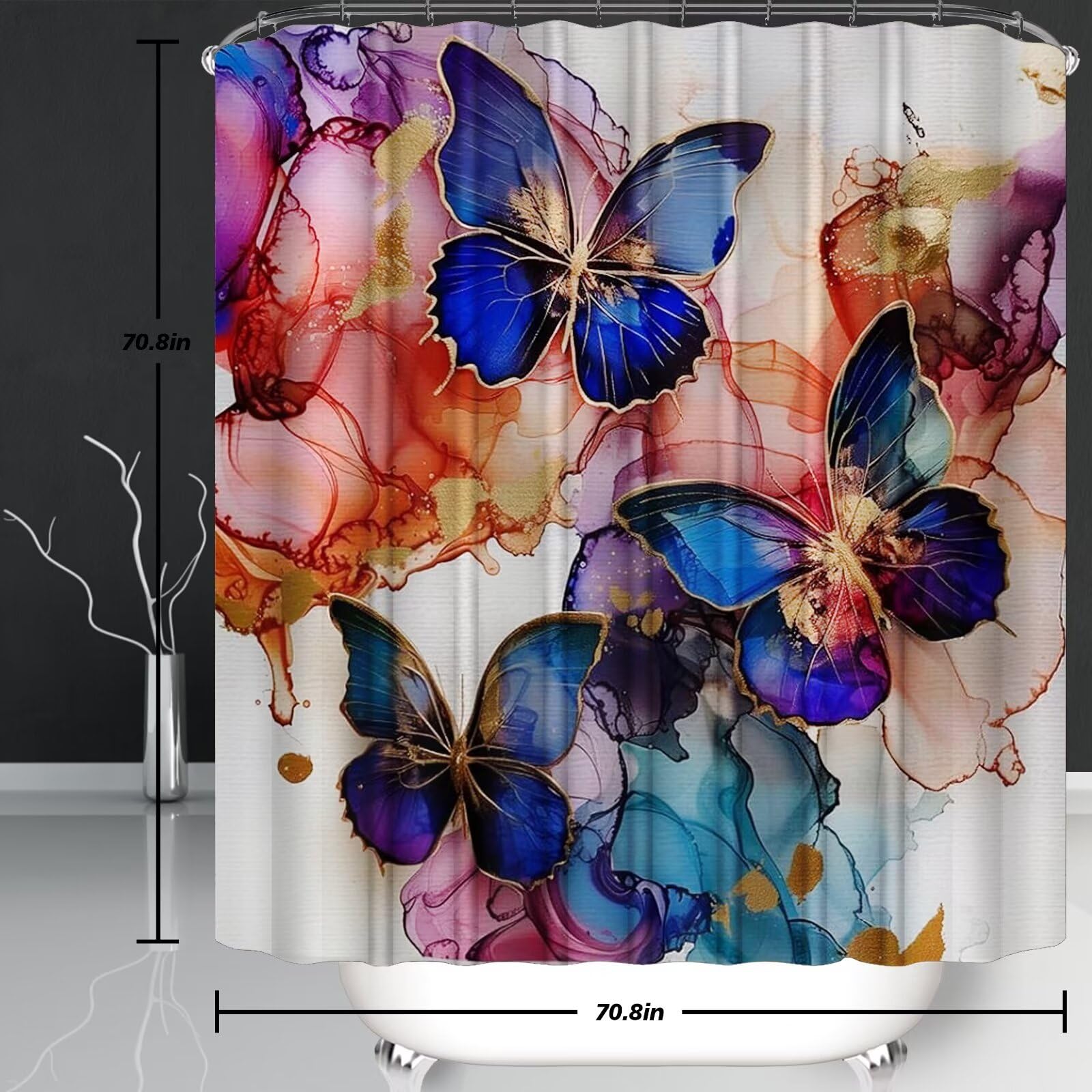 Pretyw 4 Pcs Romantic Blue Butterfly Shower Curtain Set Watercolor Pink Flowers Bathroom Sets Modern Home Bathroom Decor With Ru