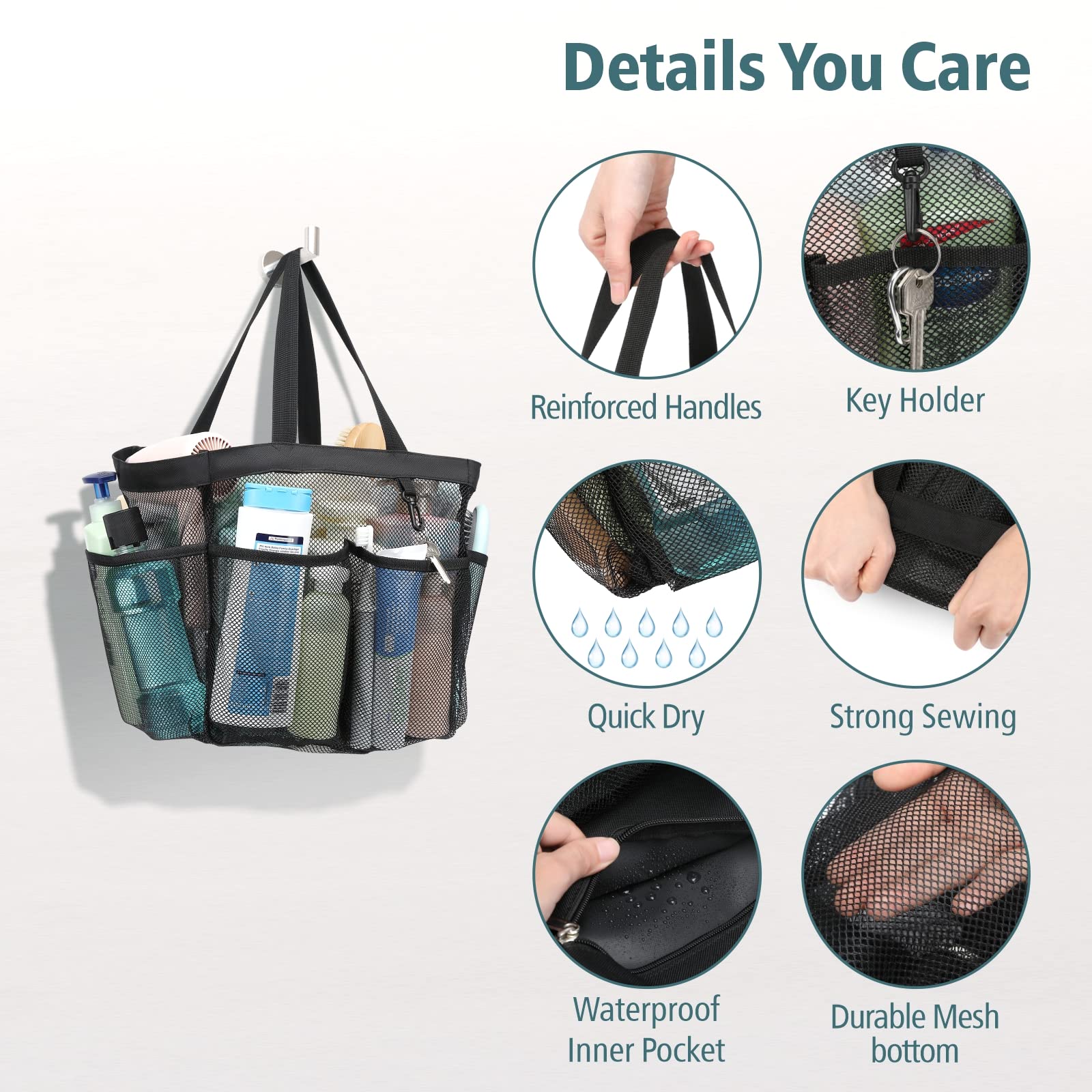 F-Color Mesh Shower Caddy Portable, 8.3'' Deeper Pockets Large Shower Caddy Bathroom Caddy For College Dorm Room Bathroom Essent