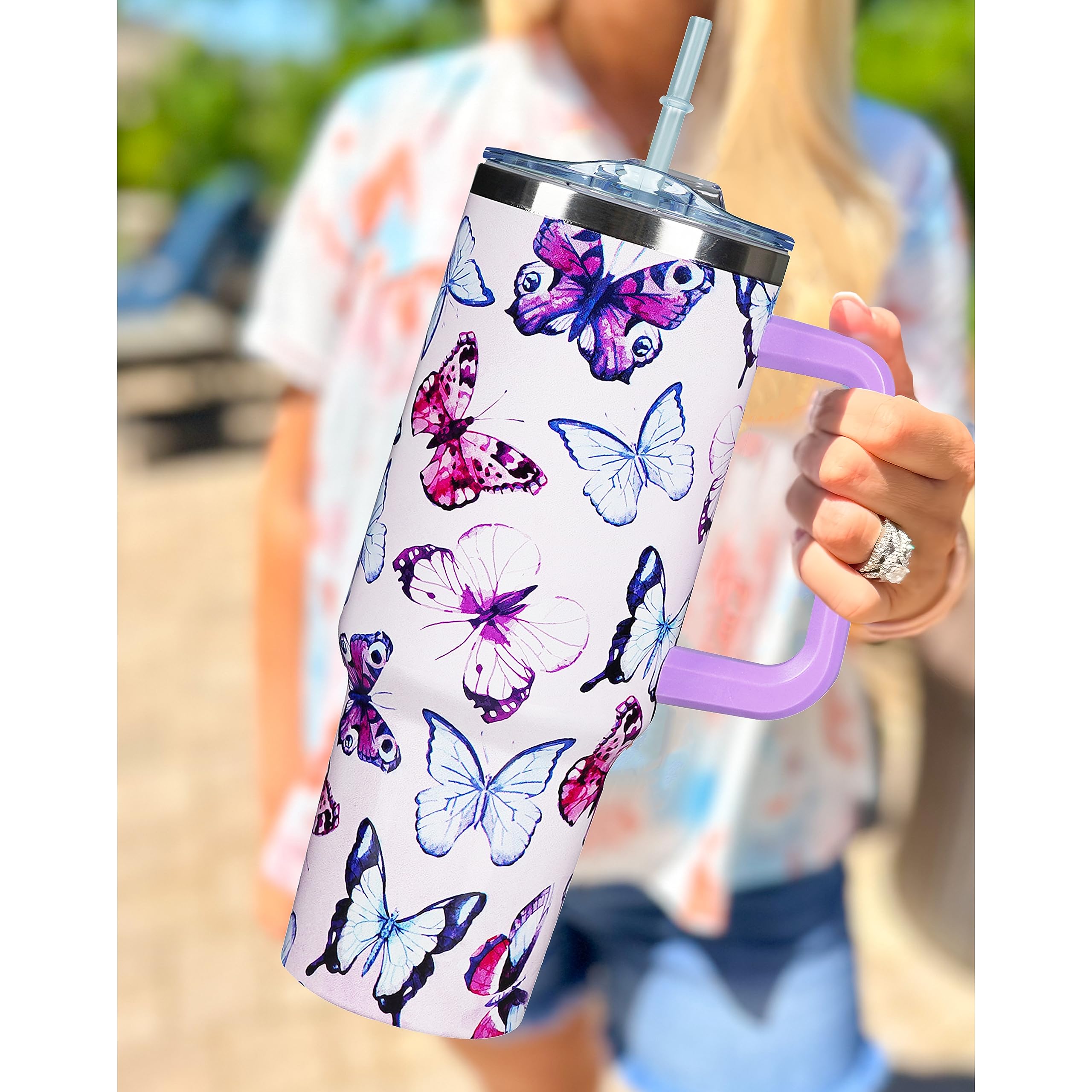 Omezin 40 Oz Stainless Steel Tumbler with Handle - Purple Butterfly, Double Insulated Travel Coffee Mug with Lid & Straw