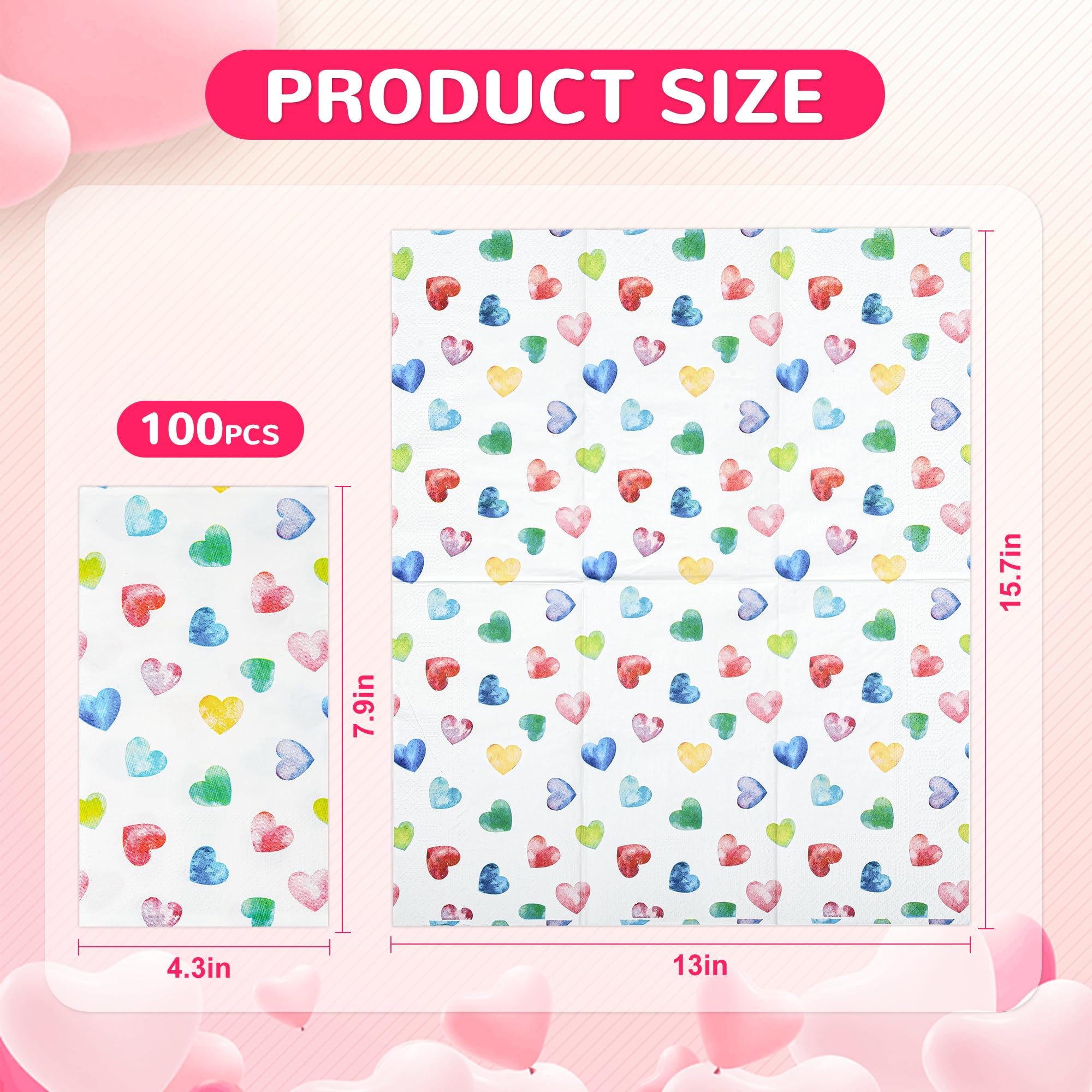 100 Valentine'S Day Paper Napkins Heart Disposable Hand Towels Decorative Colorful Rainbow Heart 3 Ply Guest Napkin For Valentin