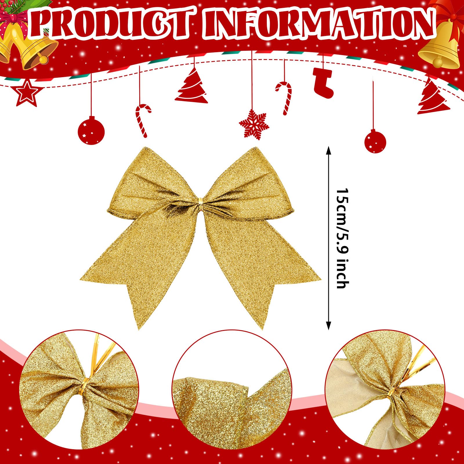 Cindeer 24 Pcs Gold Christmas Bow Decorations 6 Inch, Glitter Holiday Bows with Sequin Ties for Xmas Tree, Halloween, Wreath, DI