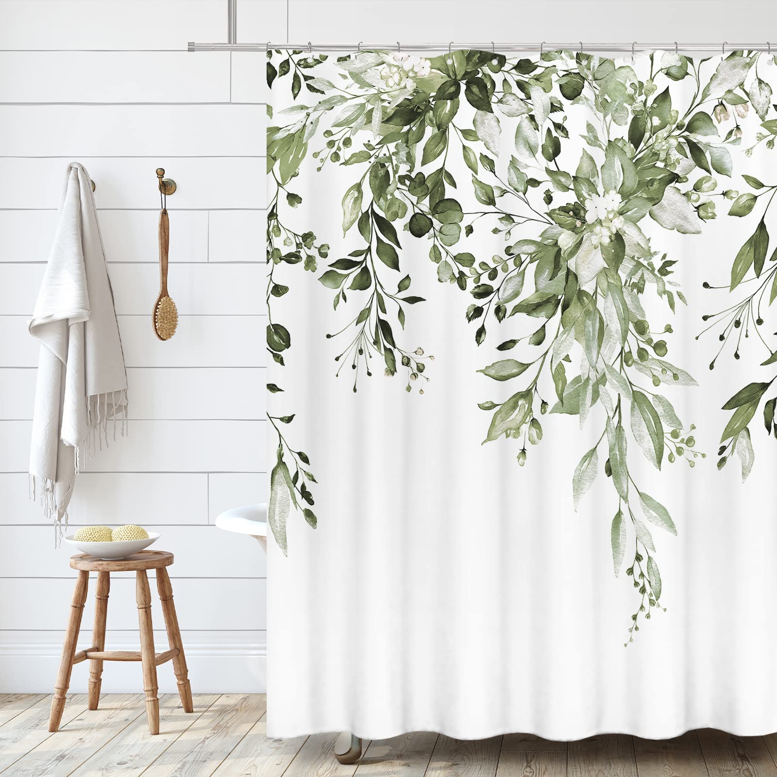 Tititex Olive Green Eucalyptus Shower Curtain Sets, Watercolor Leaves On The Top Plant With Floral Bathroom Decoration 60X72 Inc