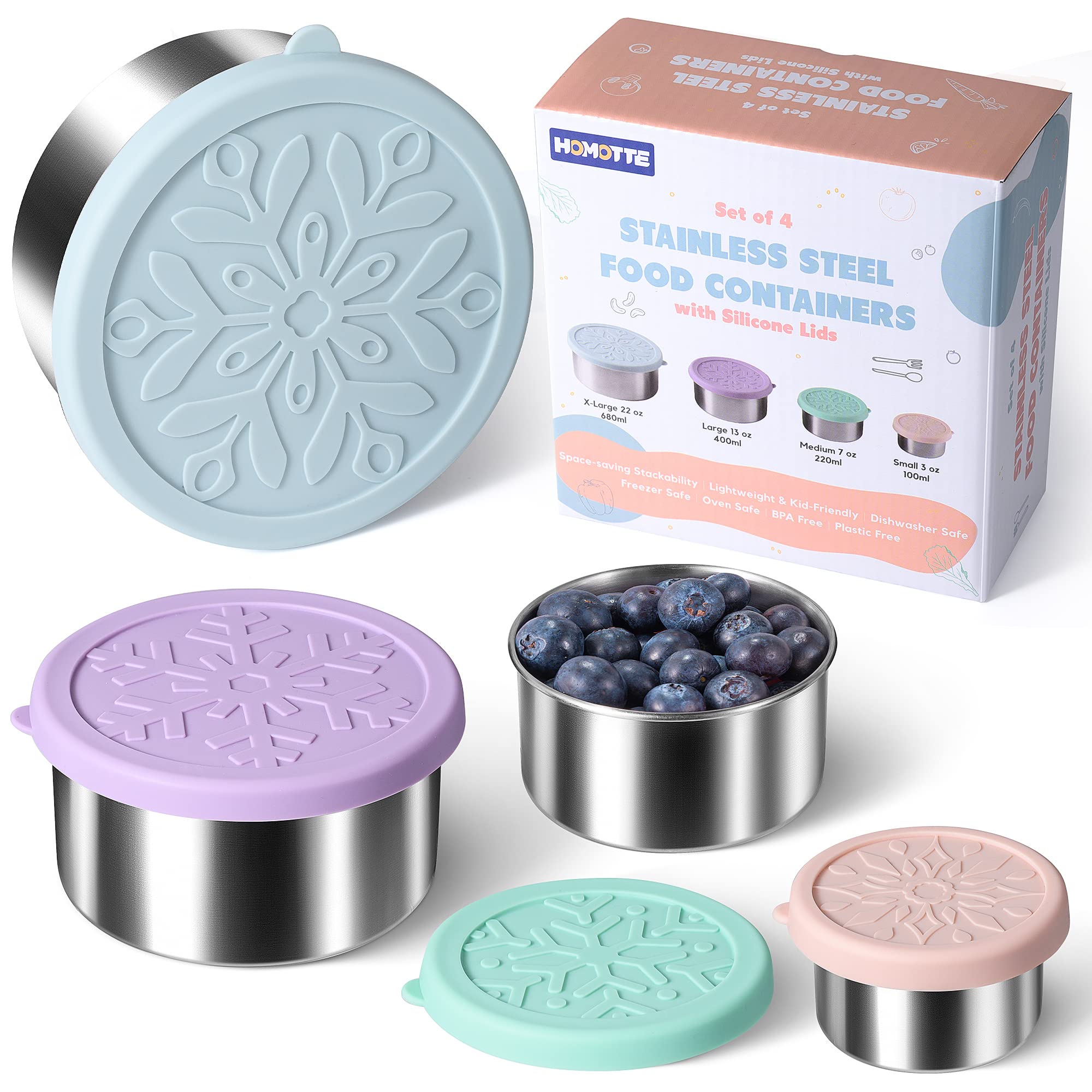 Homotte Stainless Steel Containers With Lids - Stackable Toddler Snack Containers, 18/8 Stainless Steel Lunch Box For Kids Adult