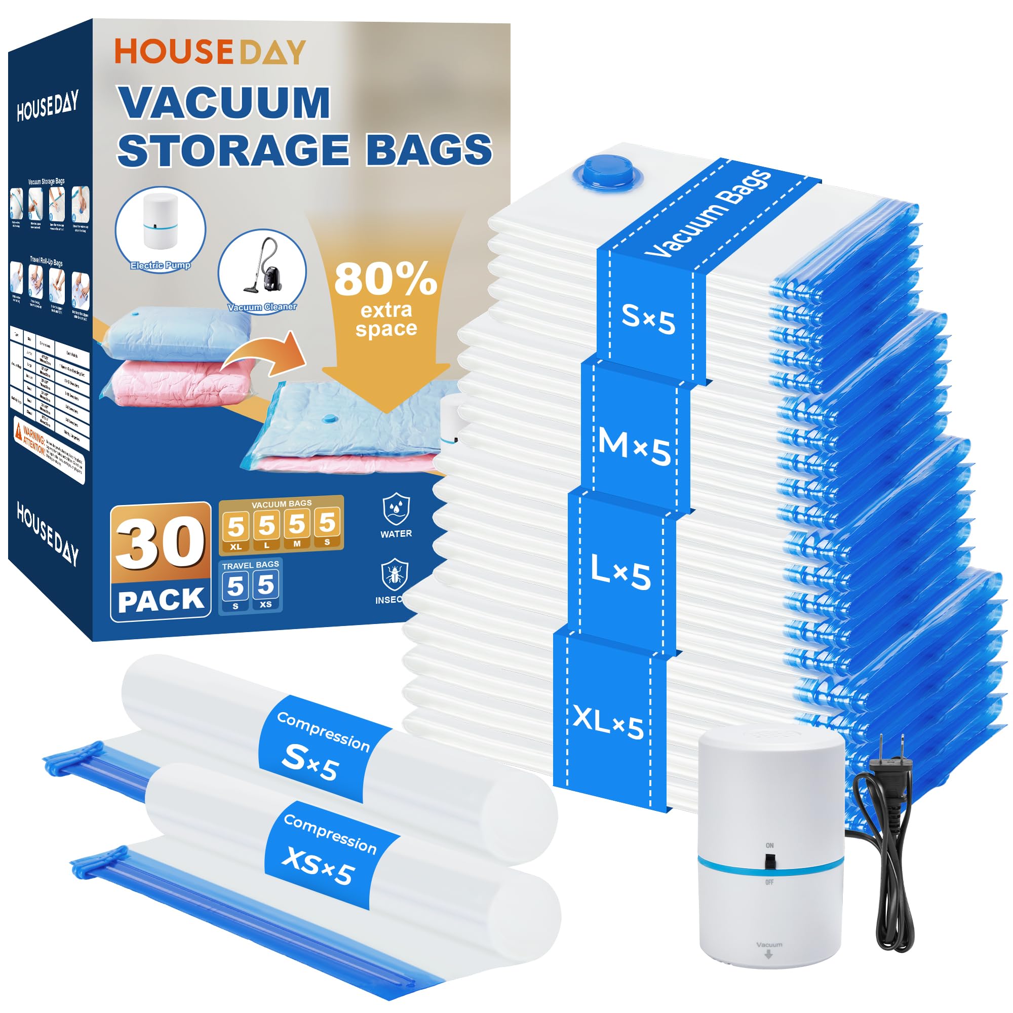 HOUSE DAY 30 Pack Vacuum Storage Bags with Electric Pump, 4 Sizes + 2 Roll-Up (5 Each), Space Saver Vacuum Seal Bags for Clothin