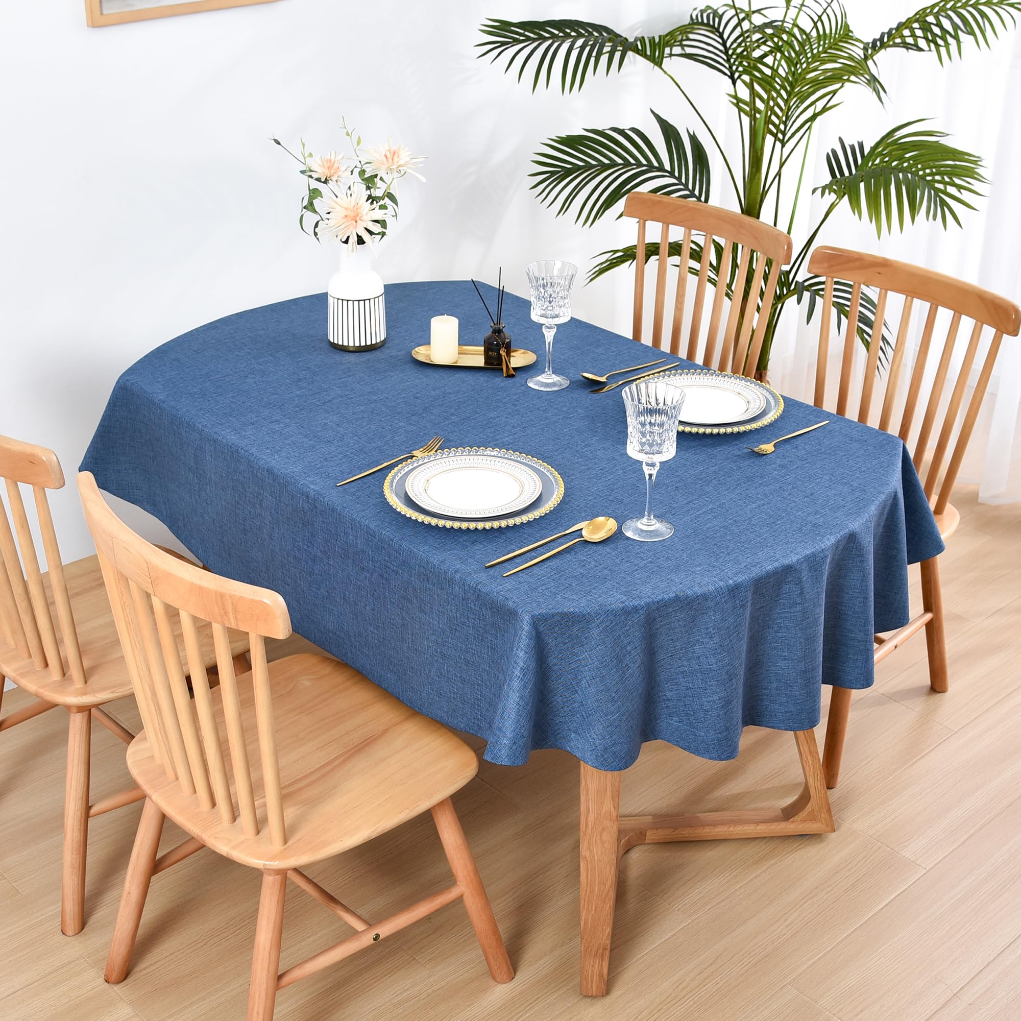 Wolkemer Faux Linen Oval Tablecloth Heavy Duty Wrinkle Resistant Fabric Table Cloths 60 x 84 Inch Navy Blue Farmhouse Rustic Tab