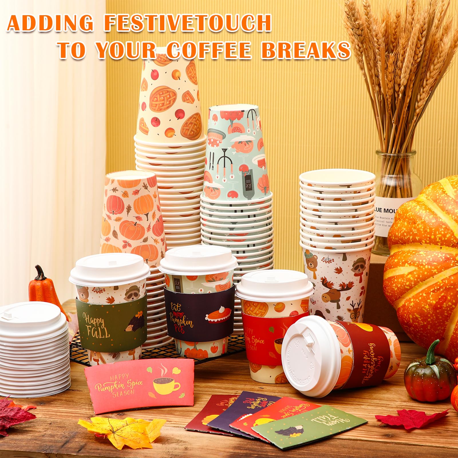 Lallisa 100 Pack 12 oz Thanksgiving Paper Coffee Cups with Lids and Sleeves Fall Disposable Coffee Cups Bulk for Autumn Thanksgi