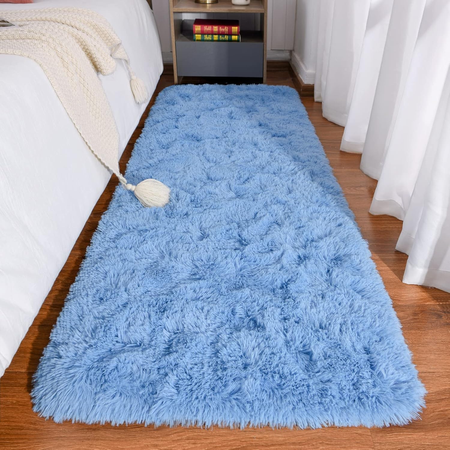 Keeko 2x8 Runner Rugs for Bedroom, Blue Fluffy Bedside Rug Modern Shaggy Entryway Long Rugs for Living Room Plush Shag Fuzzy Non
