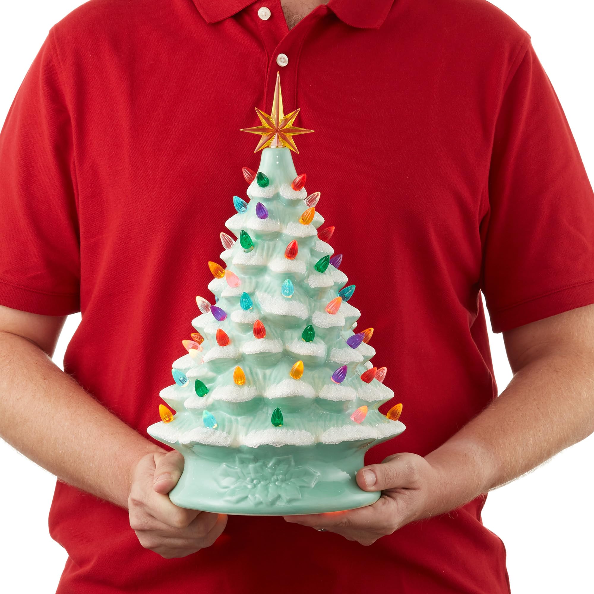 Casafield Hand Painted Ceramic Christmas Tree, Seafoam Green Snow Flocked 15-Inch Pre-Lit Tree with 128 Multi Color Lights and 2